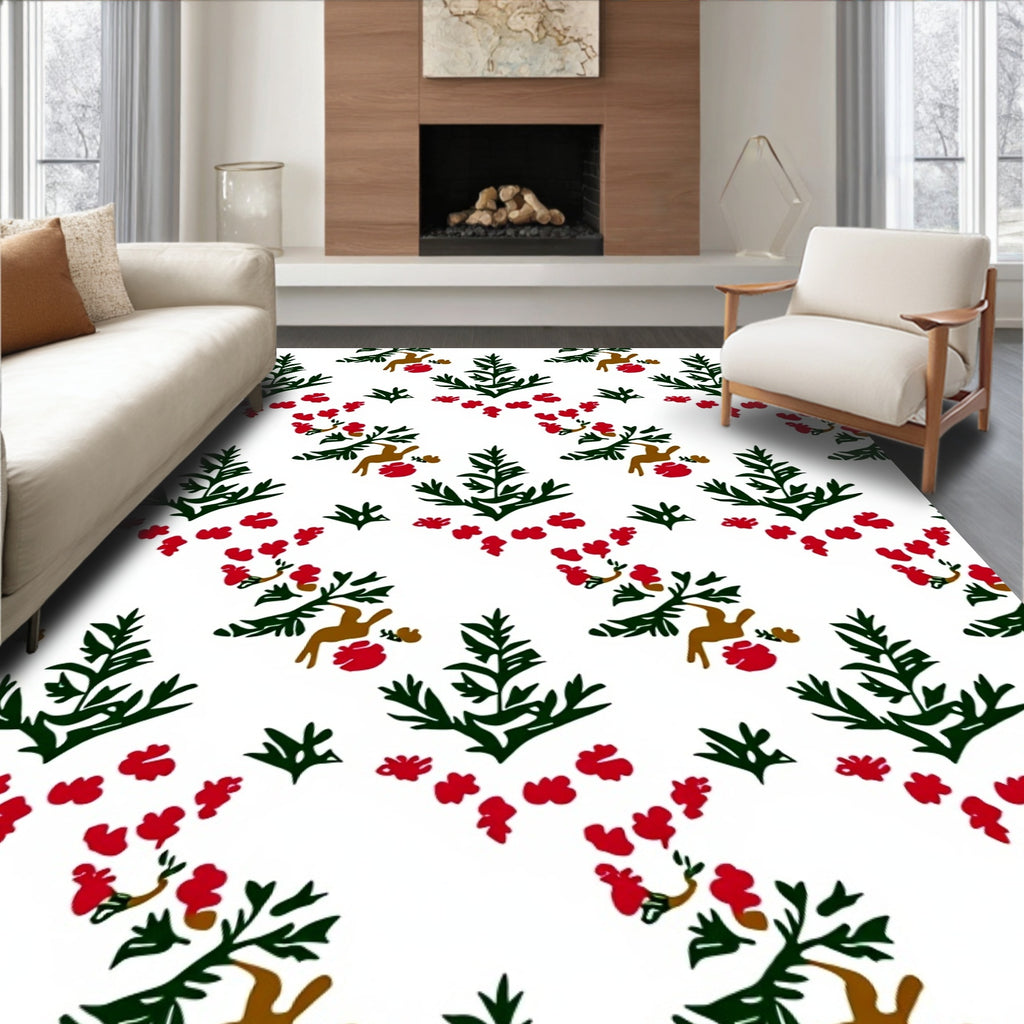 Green Forest Red Berries Deer Rug