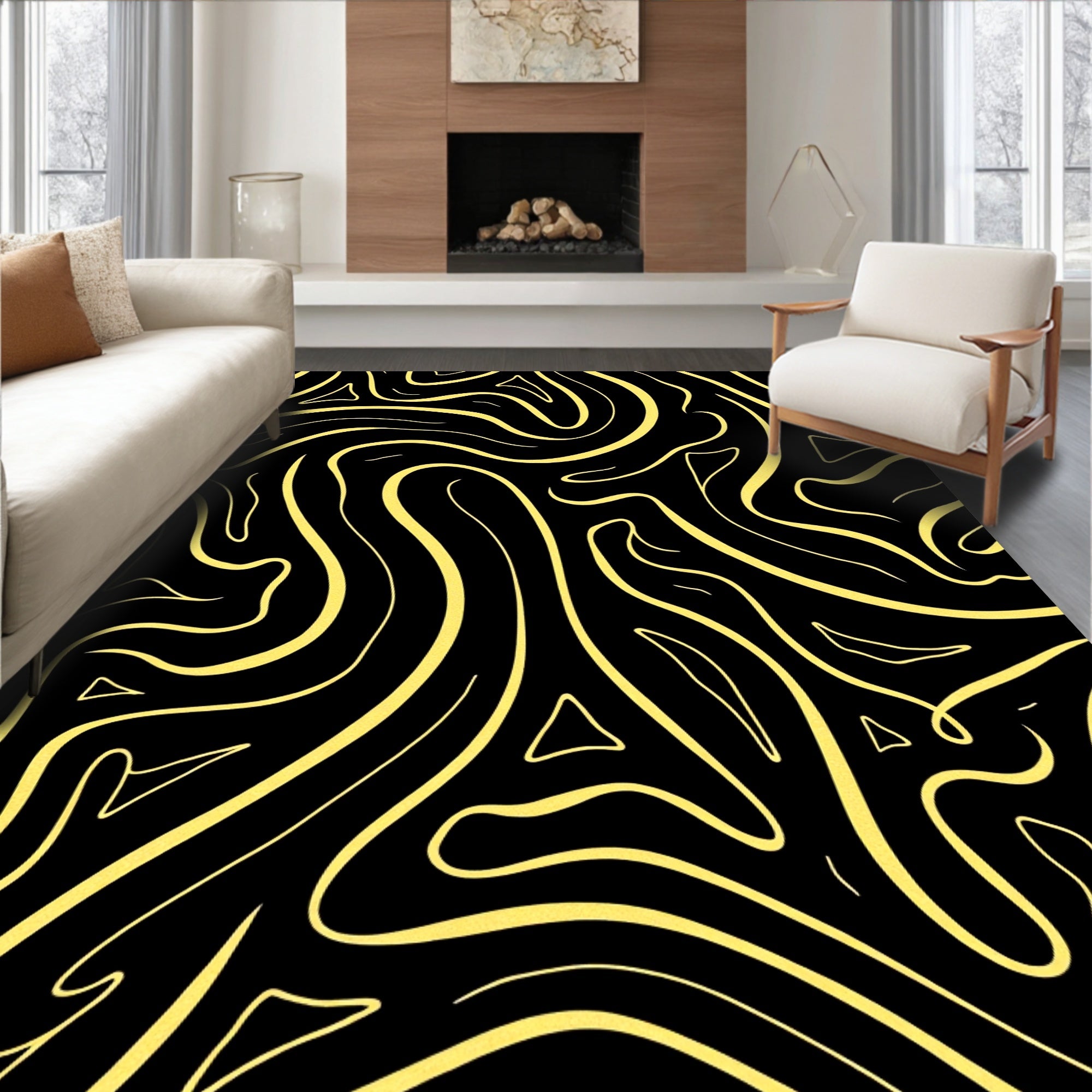 Black Yellow Swirling Abstract Flow Rug