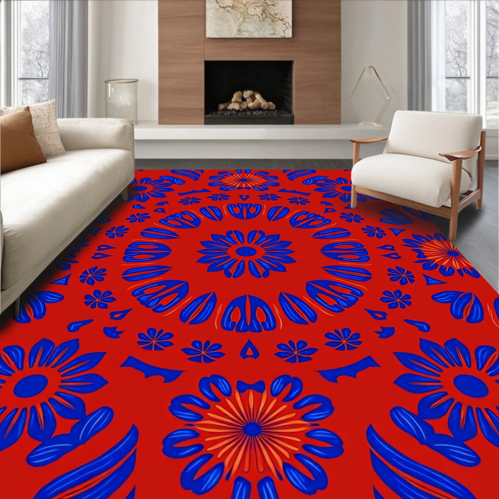 Vibrant Red Blue Floral Mandala Rug