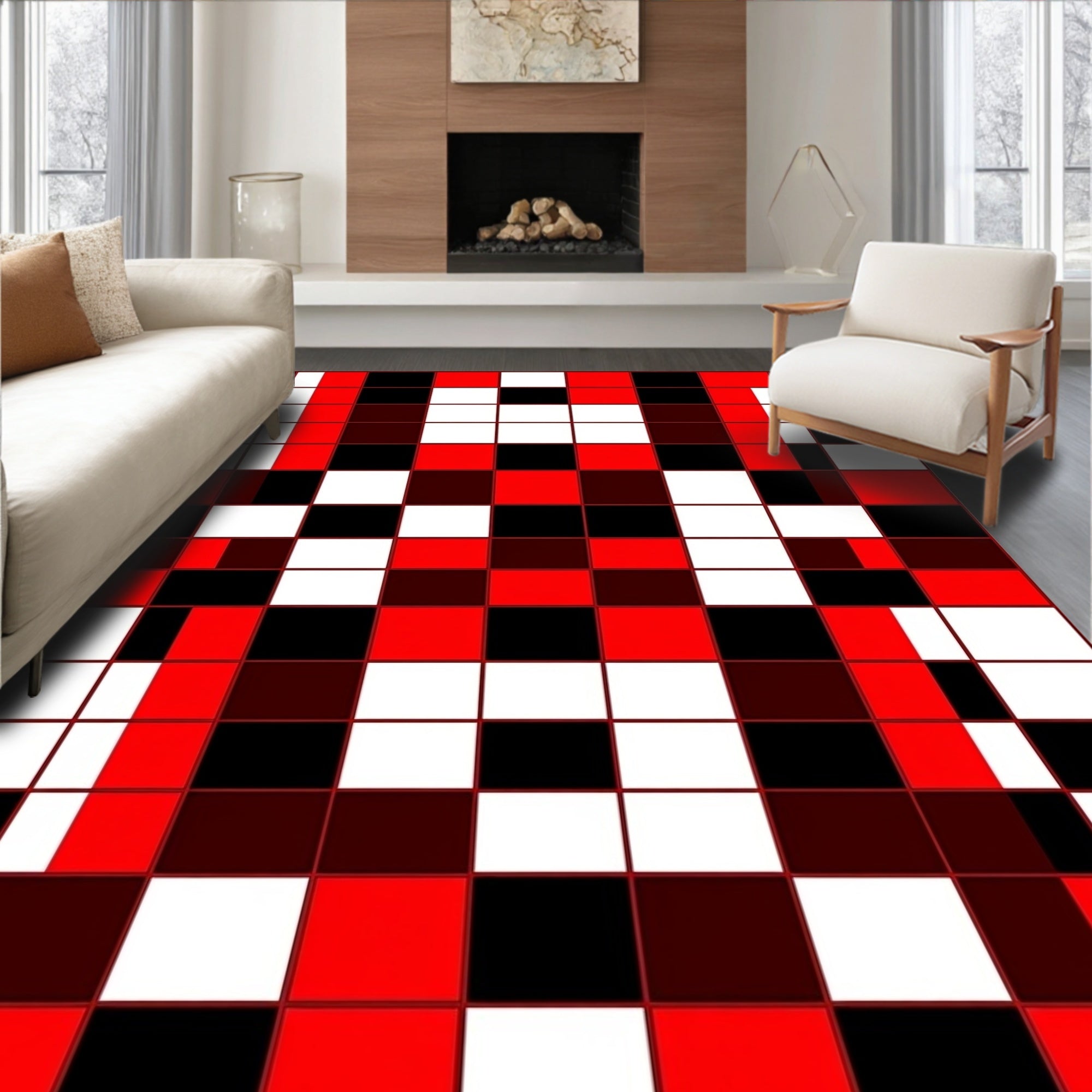 Bold Red Black White Scattered Squares Rug