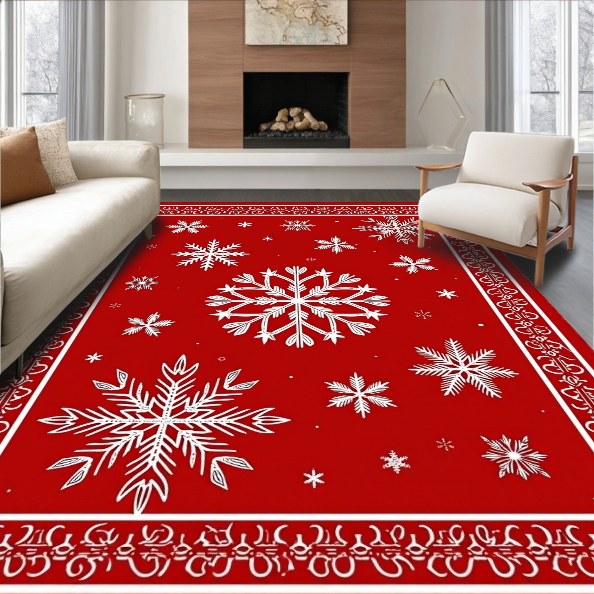 Red White Snowflake Bordered Classic Rug