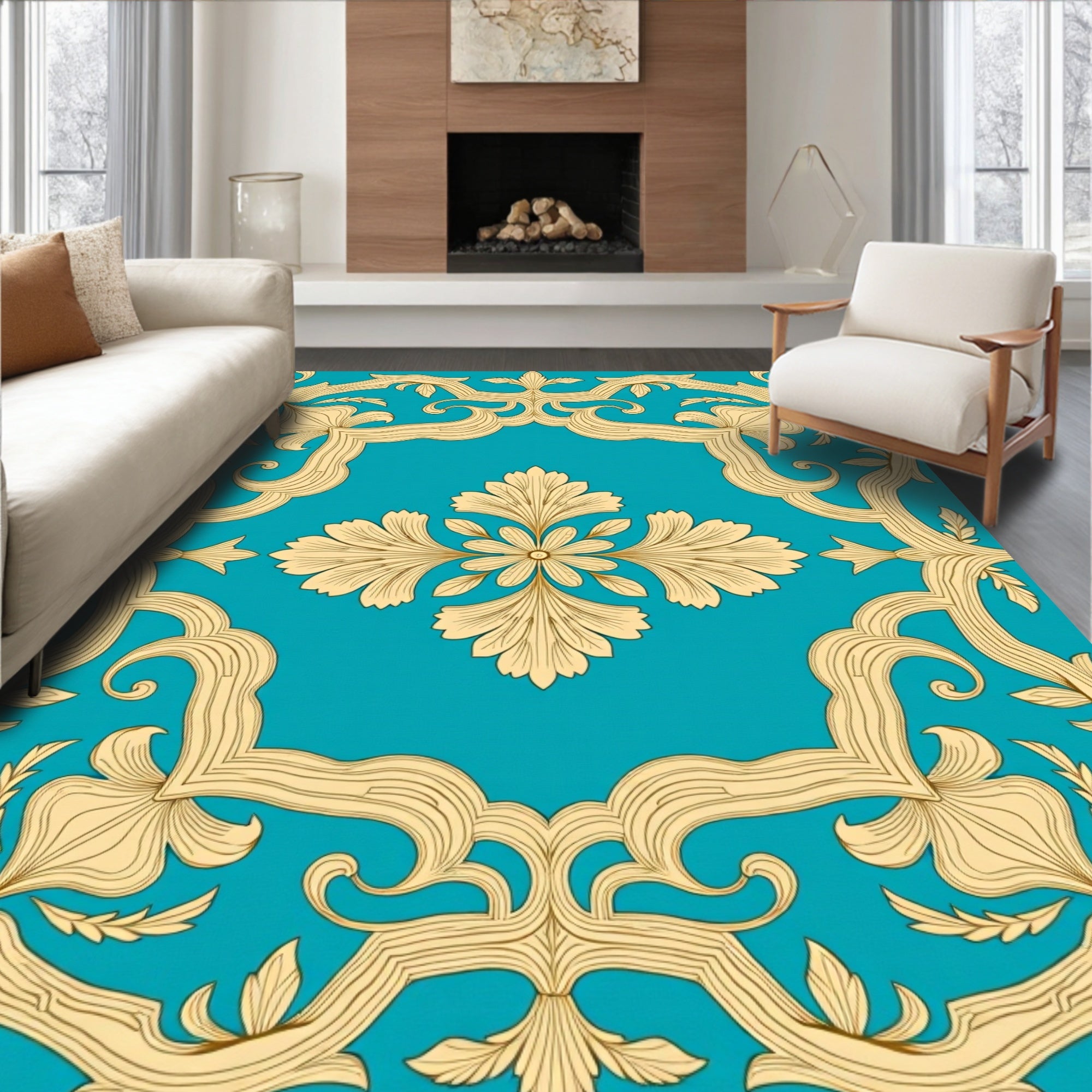 Golden Floral Medallion on Teal Background Rug