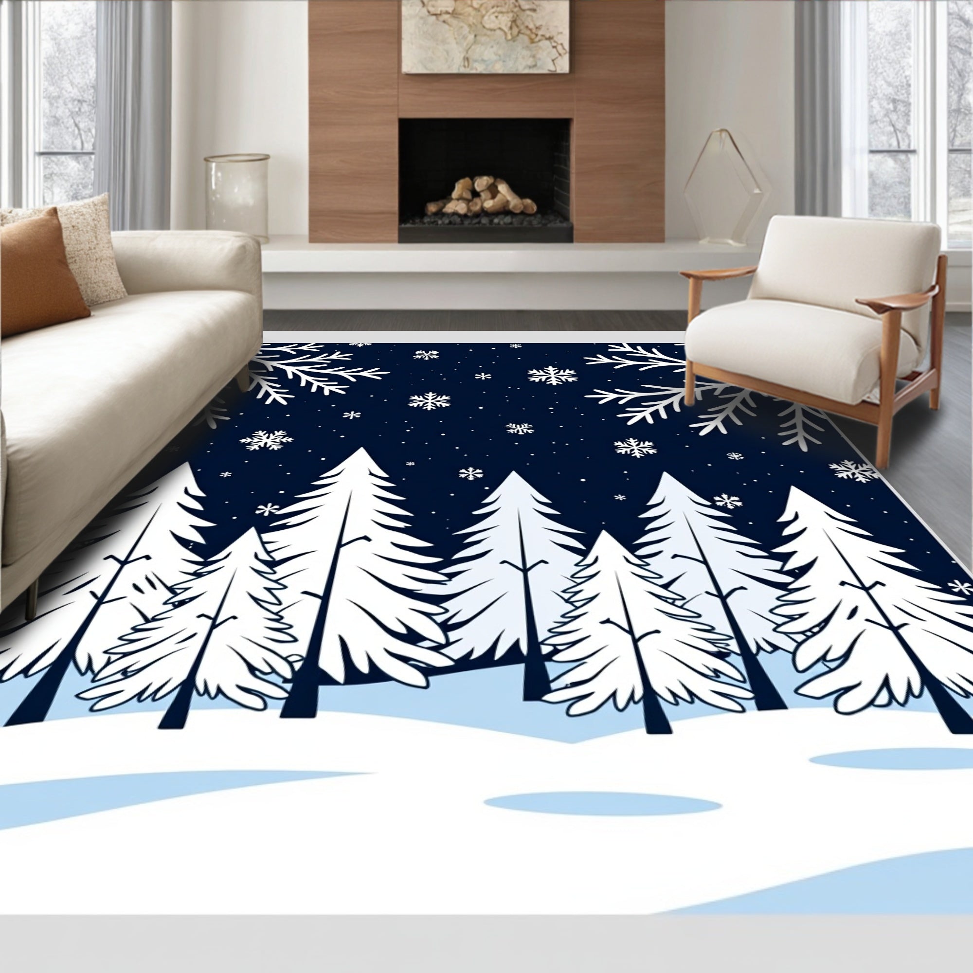 Winter Snowfall Forest Landscape Rug