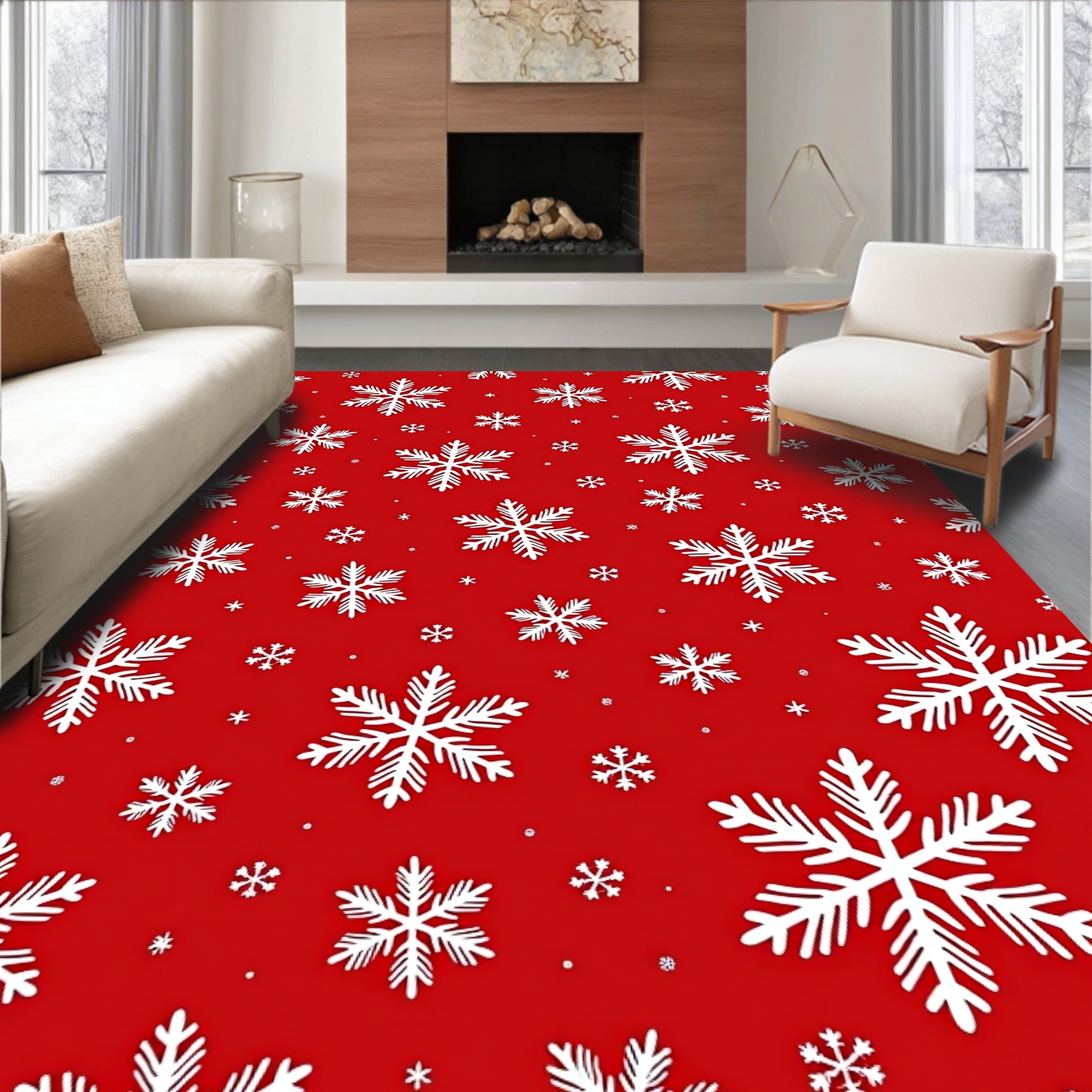Red White Snowflake Scattered Winter Rug