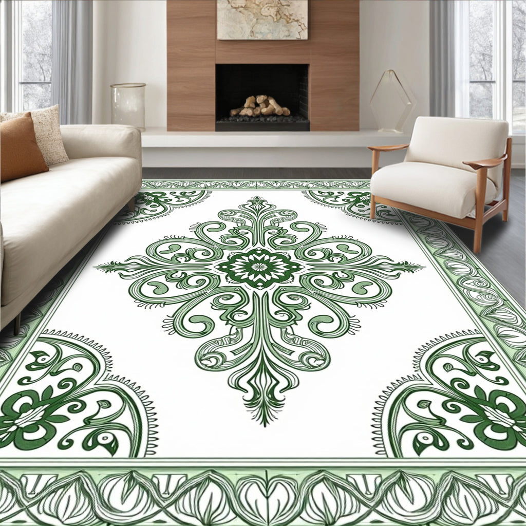 Emerald Green Floral Scroll Medallion Rug