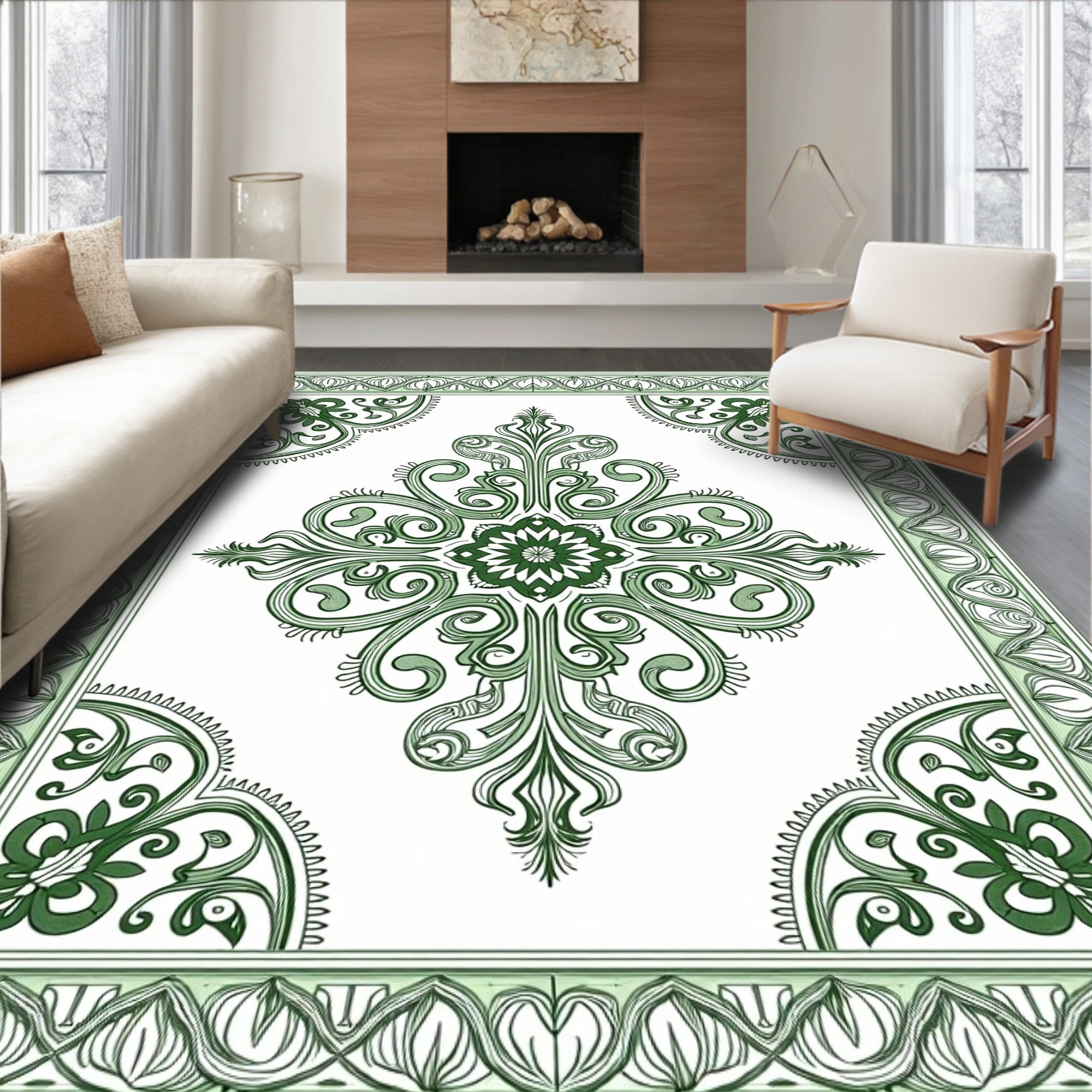 Emerald Green Floral Scroll Medallion Rug