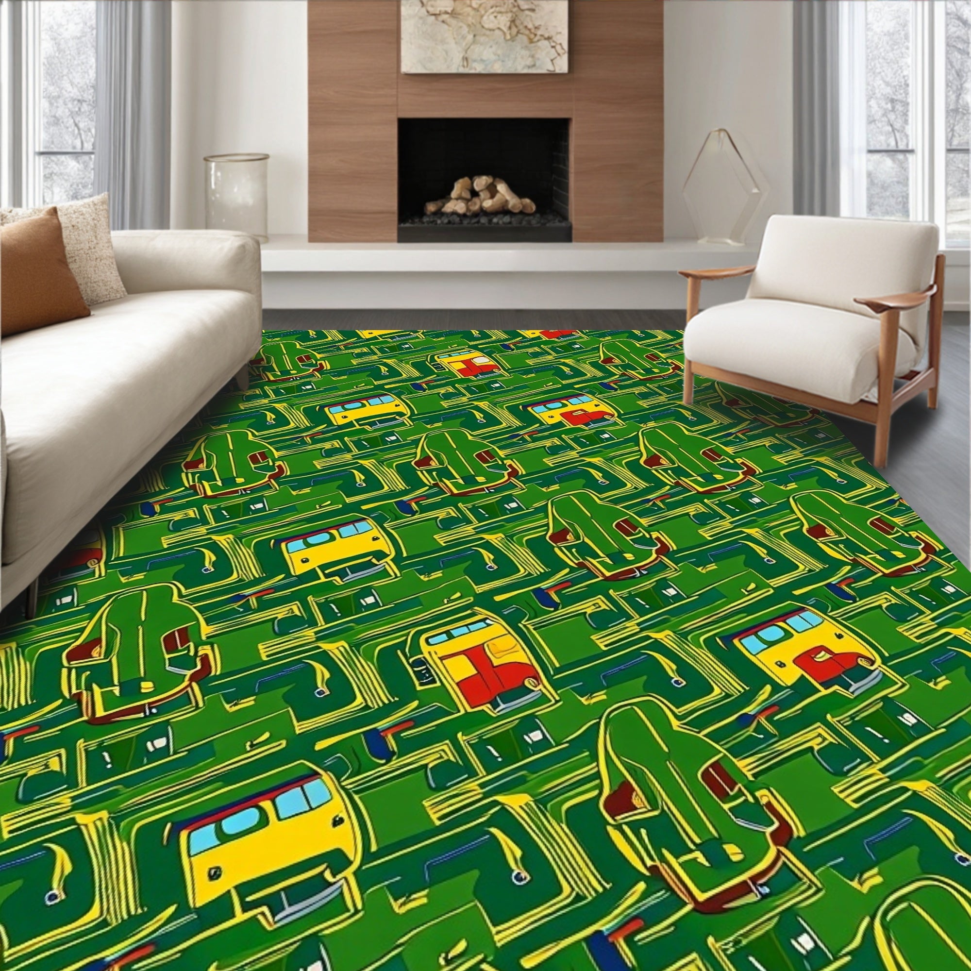 Green Yellow Bus Transportation Repeat Rug