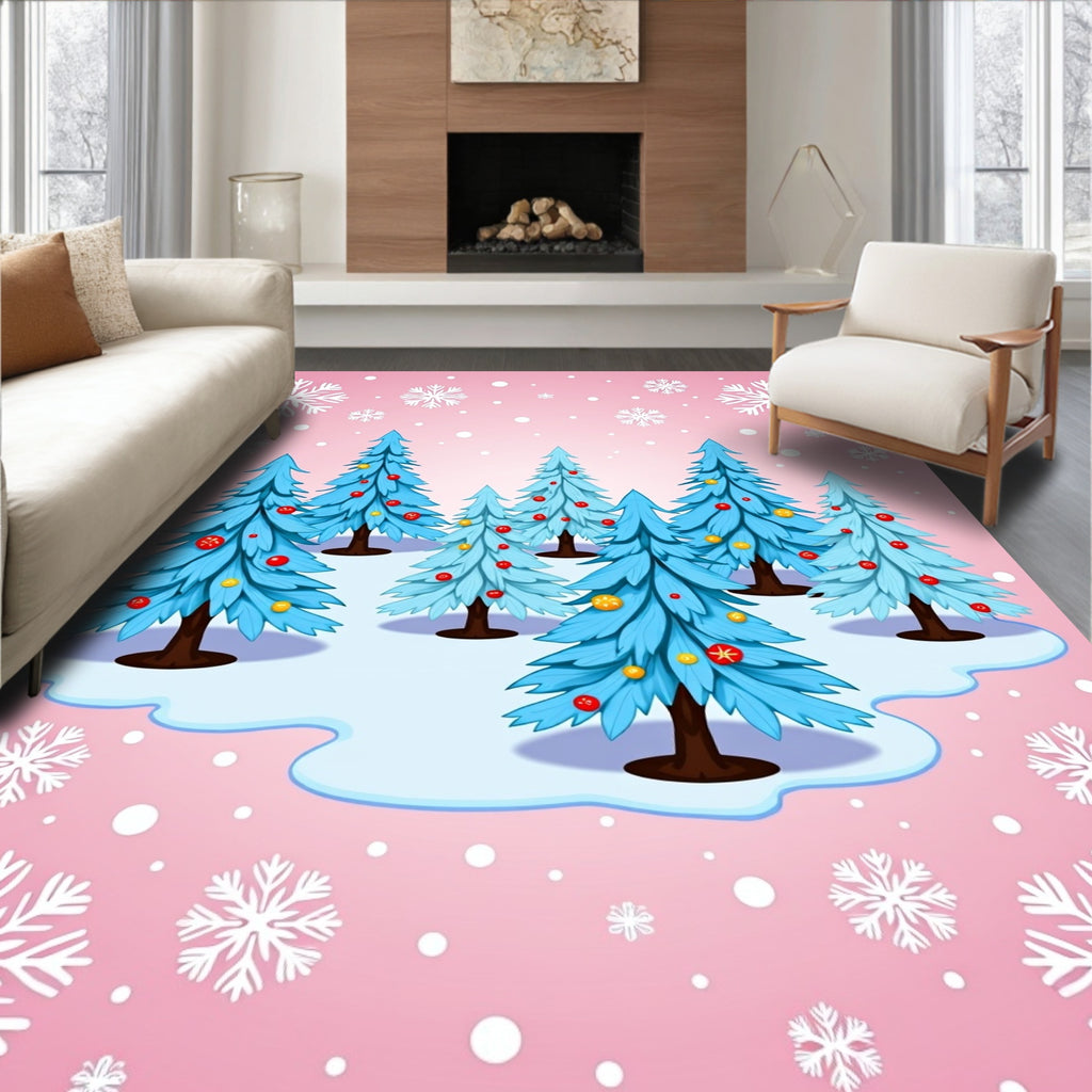 Whimsical Blue Christmas Trees Snowflakes Rug