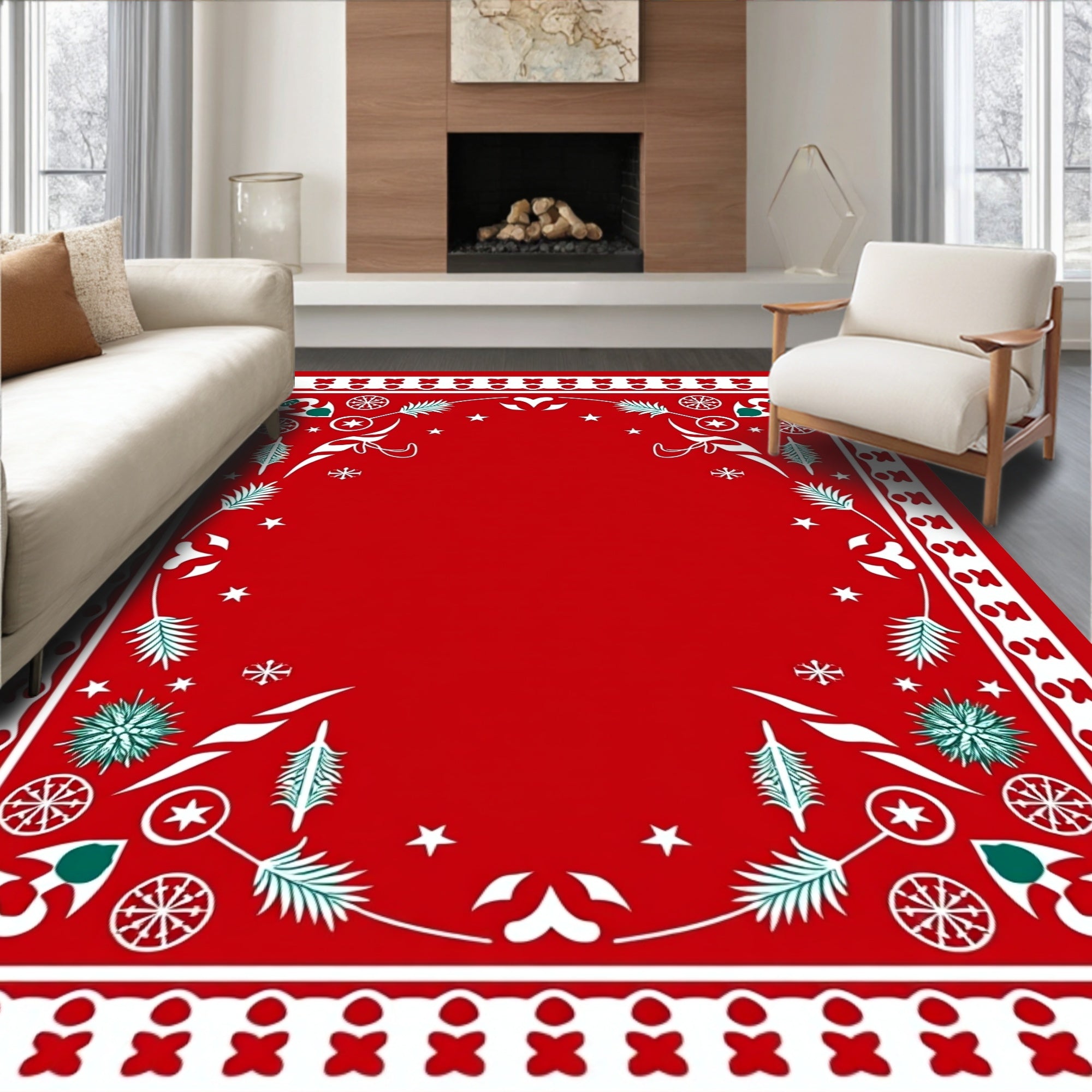 Festive Red White Evergreen Scatter Rug