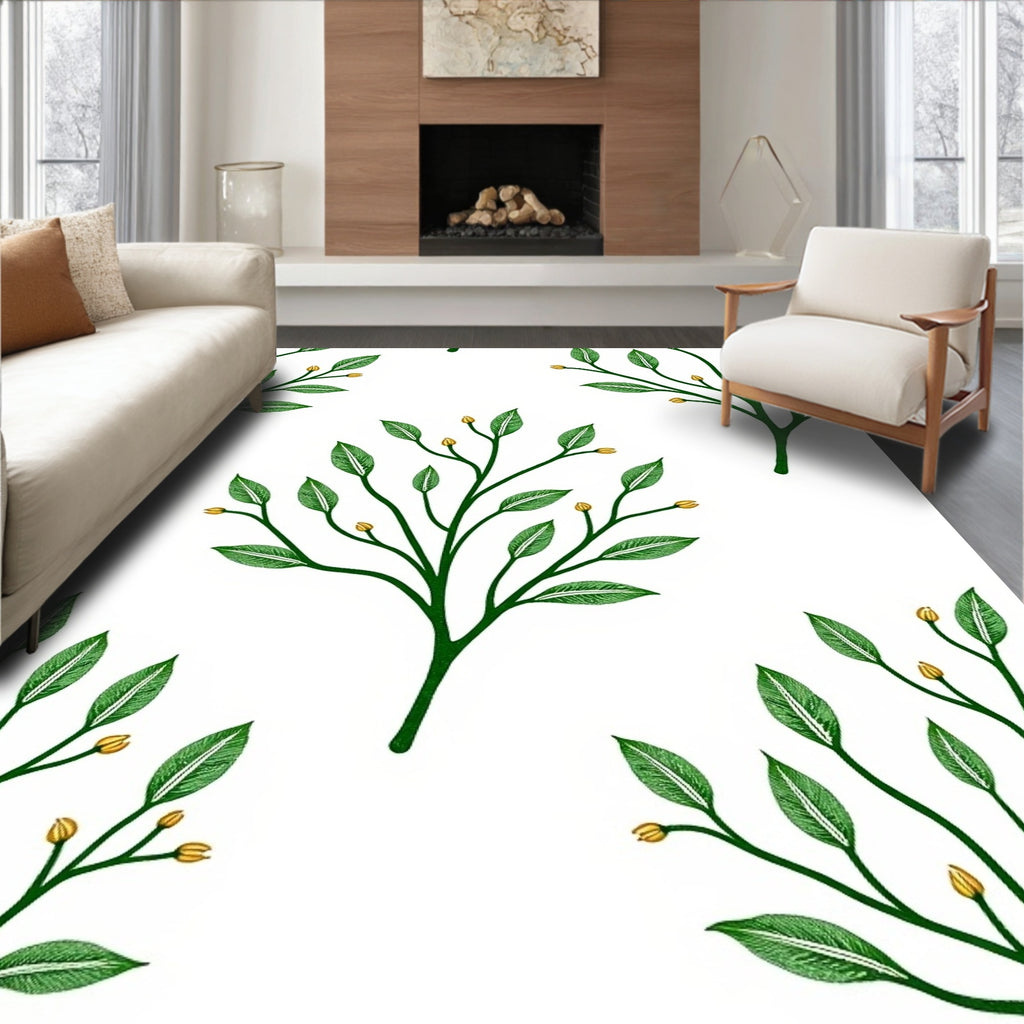 Emerald Green Branch Buds on White Rug