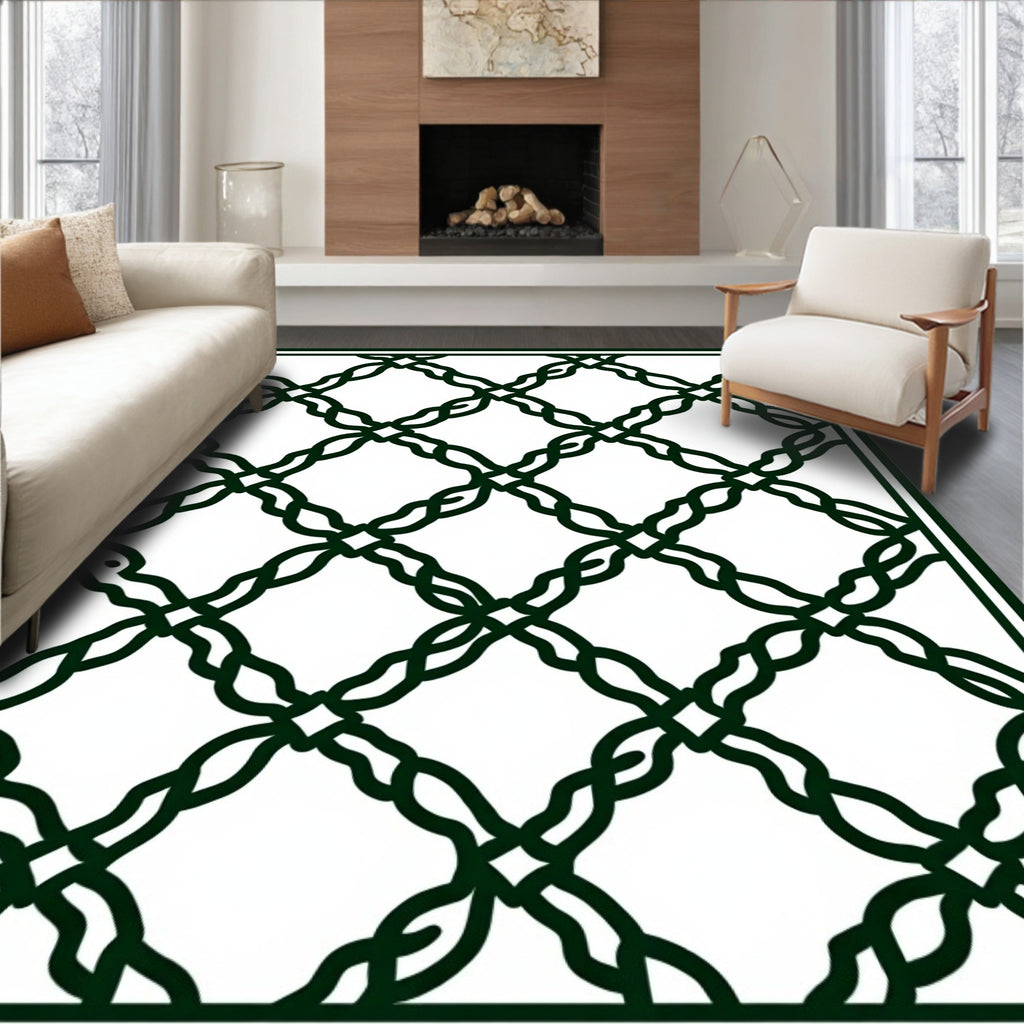 Dark Green Interlocking Vine Lattice Rug