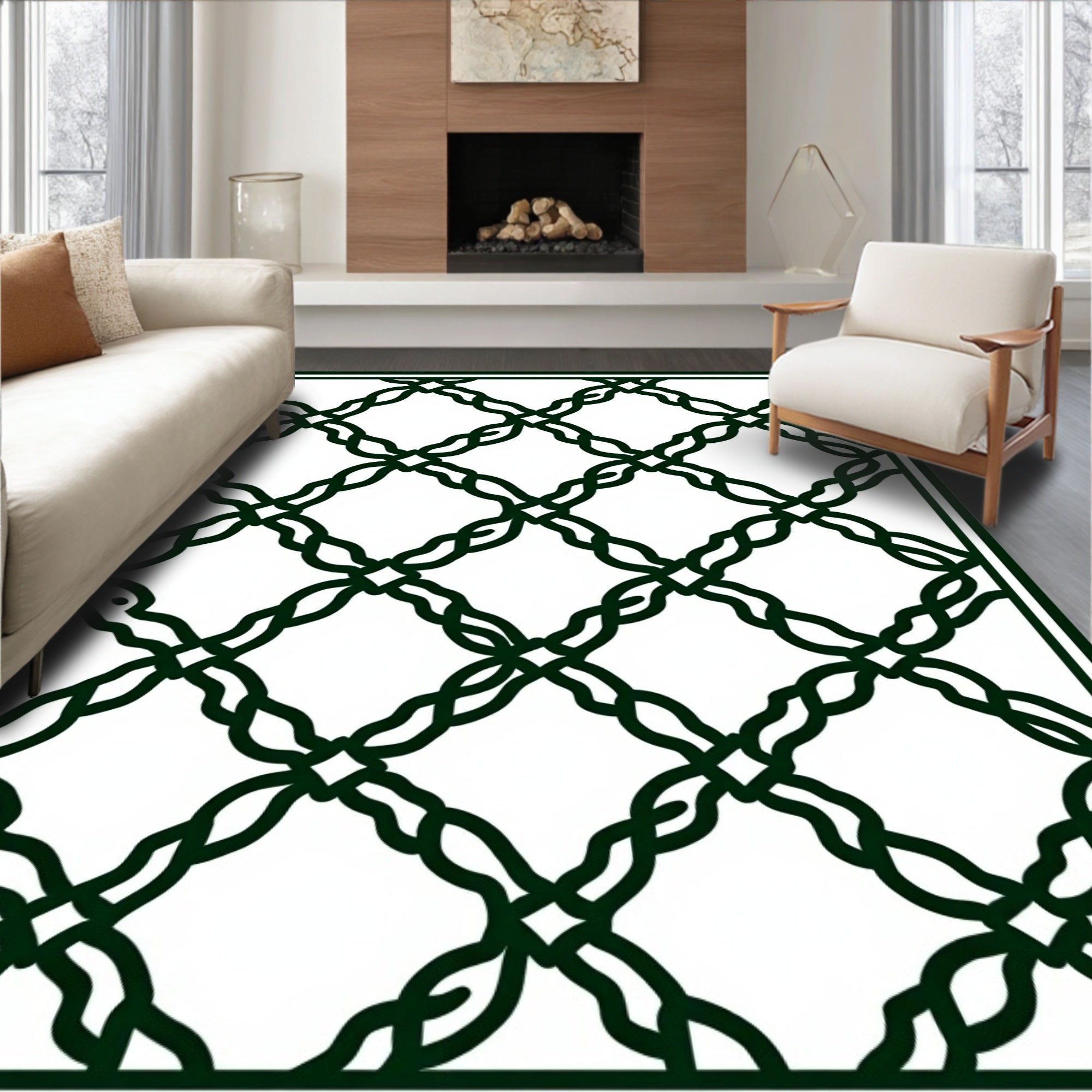 Dark Green Interlocking Vine Lattice Rug