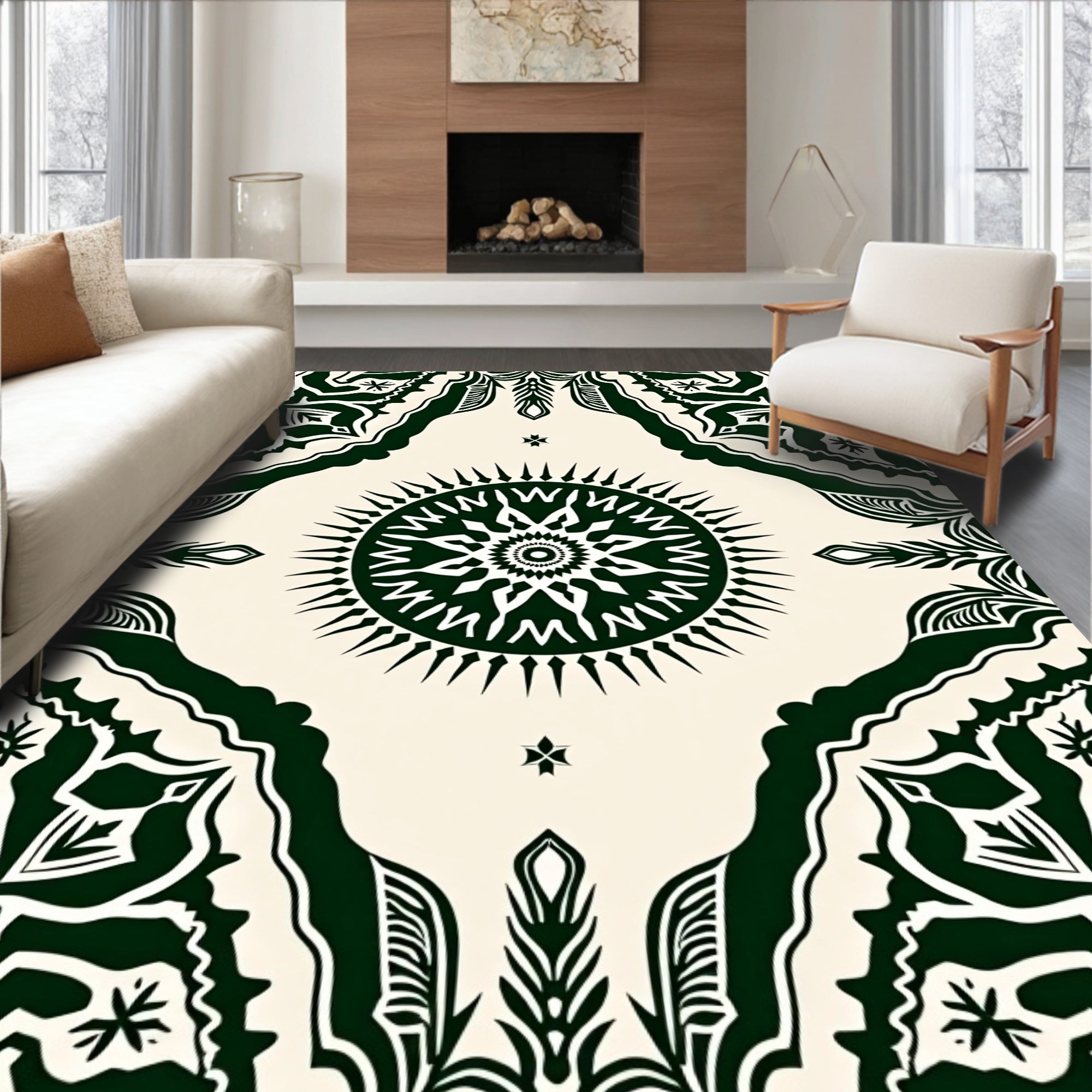 Dark Green Sun Mandala Bordered Rug