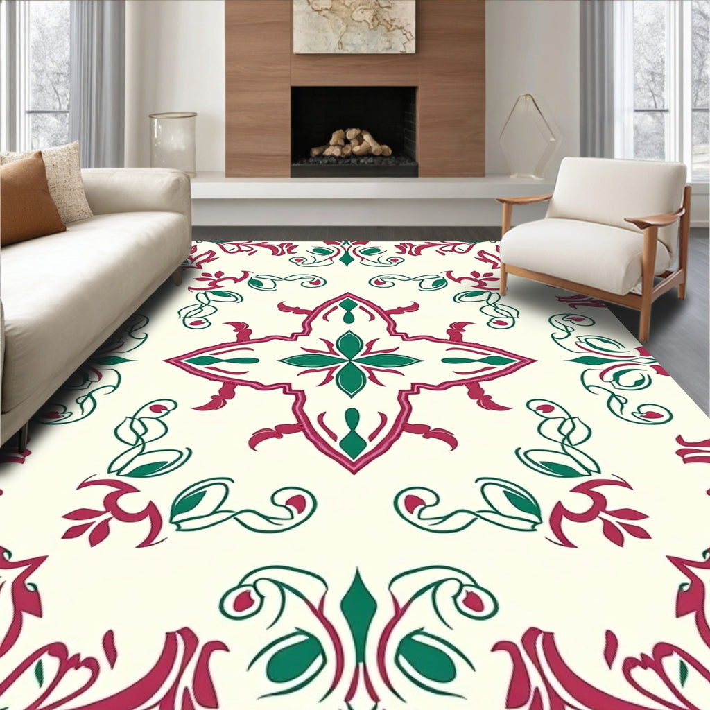 Regal Crimson Emerald Floral Arrangement Rug