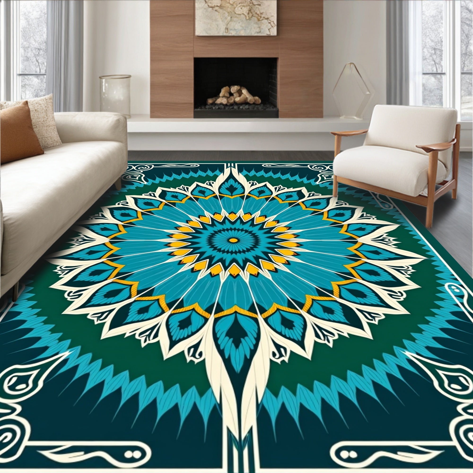 Teal And Yellow Floral Mandala Rug
