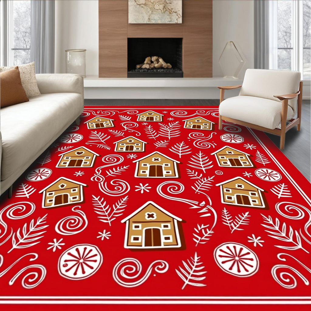 Gingerbread Houses Red Holiday Collection Rug