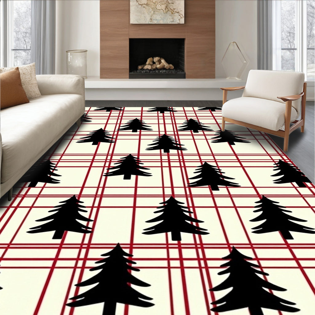 Holiday Plaid Black Tree Collage Rug