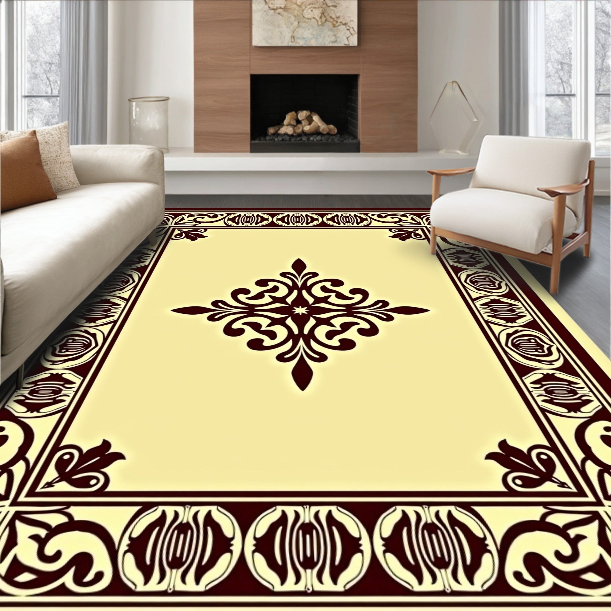 Deep Burgundy Floral Centerpiece Border Rug