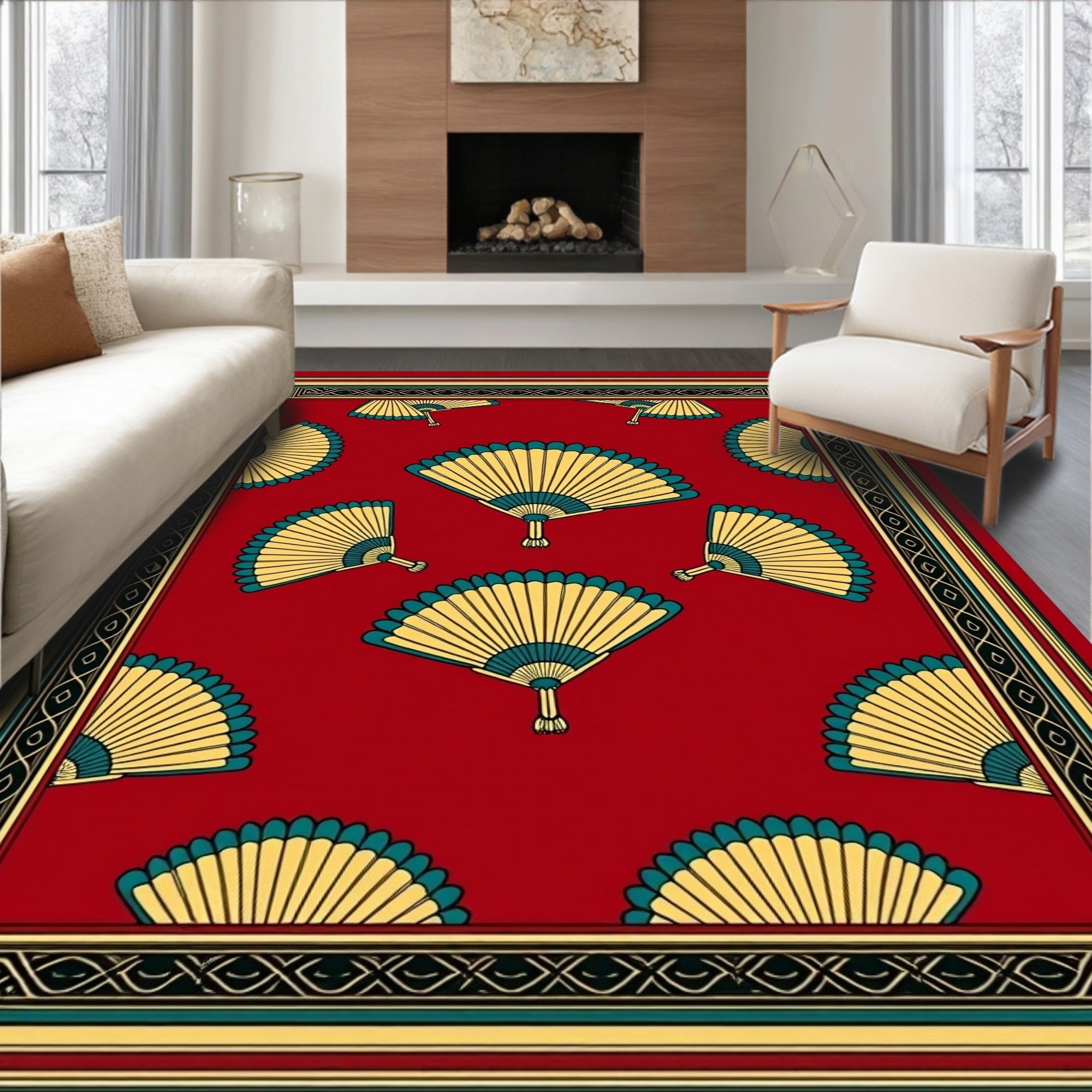 Red Fan Motif Border Rug