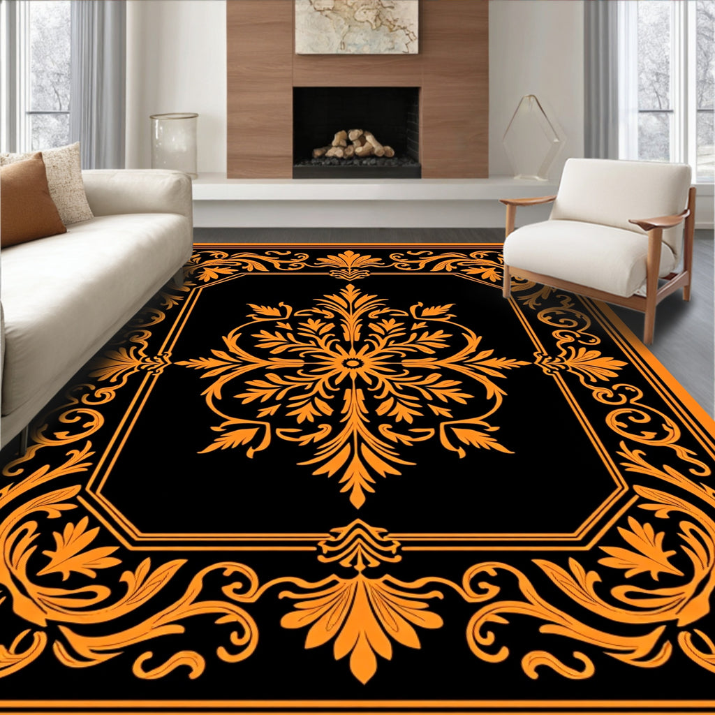 Bold Orange Floral Medallion Black Rug