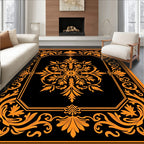 Bold Orange Floral Medallion Black Rug