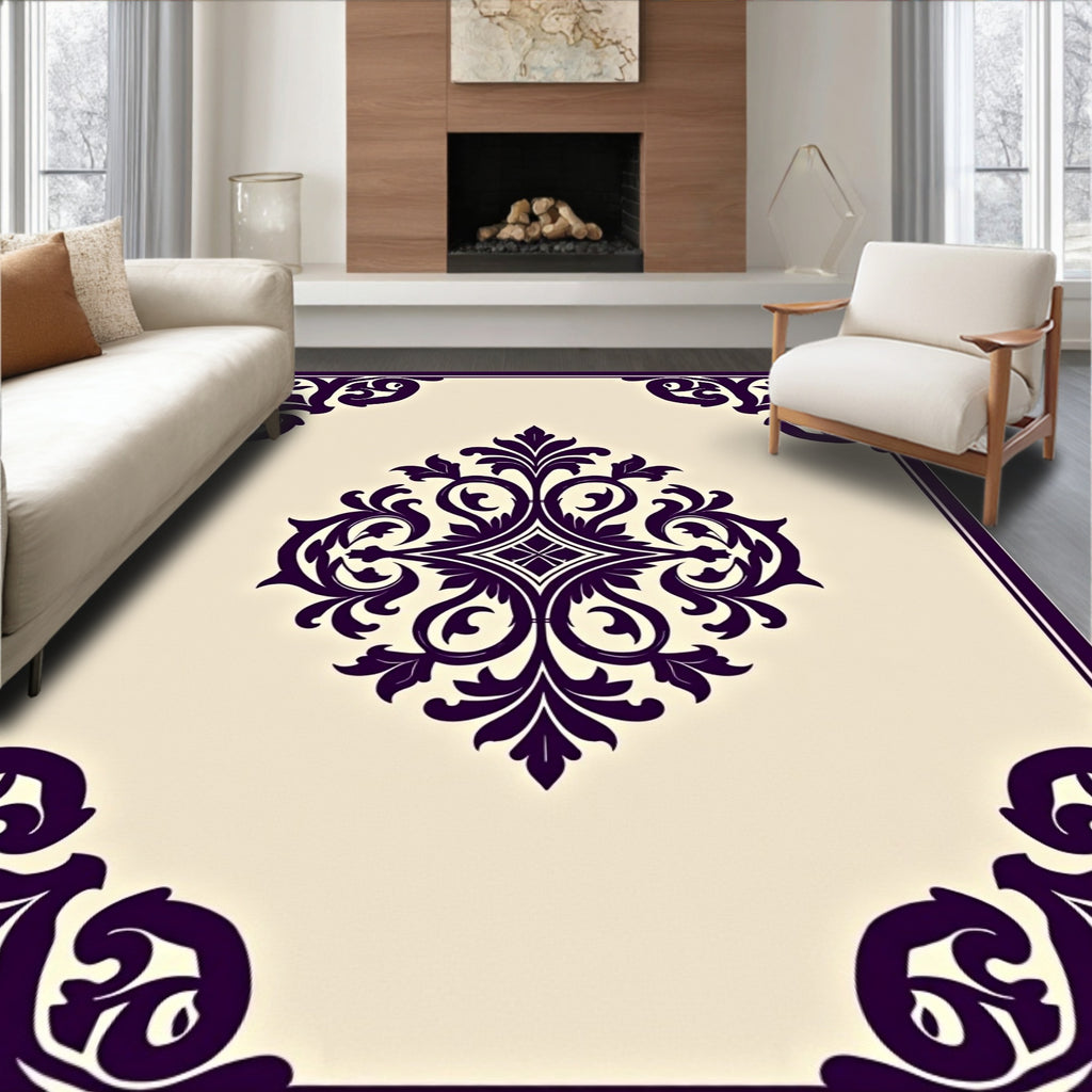 Dark Plum Damask Scroll Medallion Rug