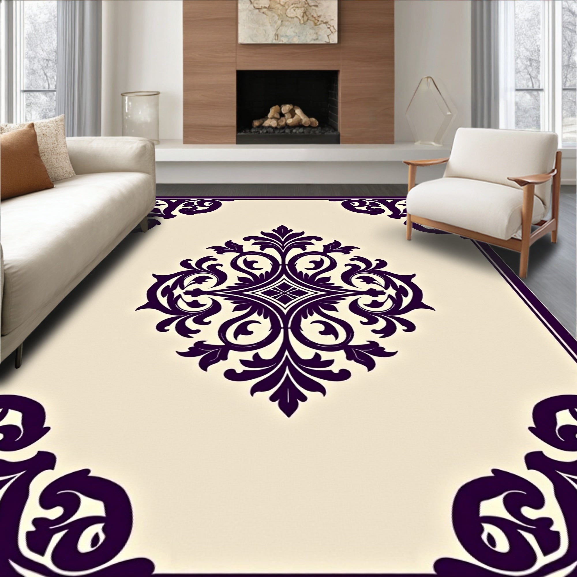 Dark Plum Damask Scroll Medallion Rug