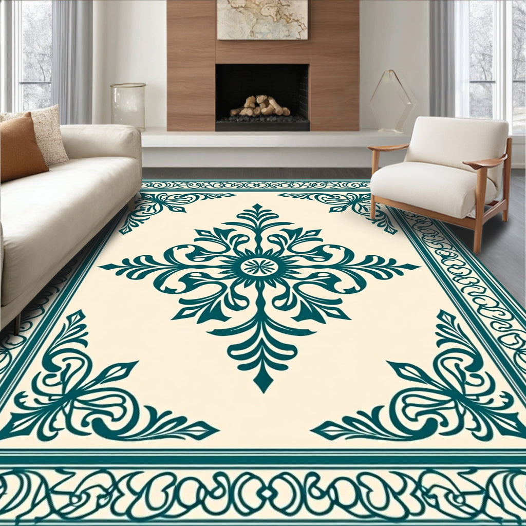 Teal Floral Medallion Border Rug
