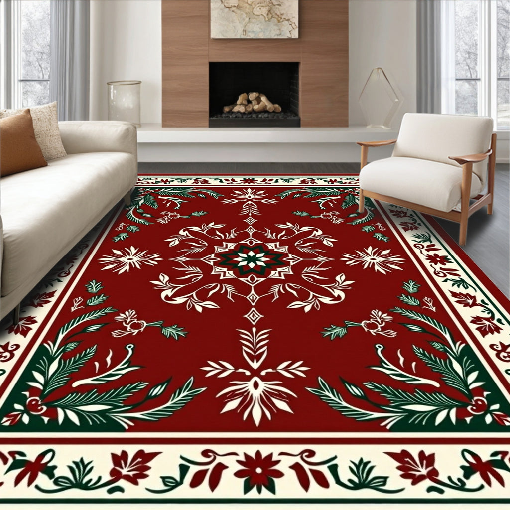Crimson Bloom Botanical Border Design Rug