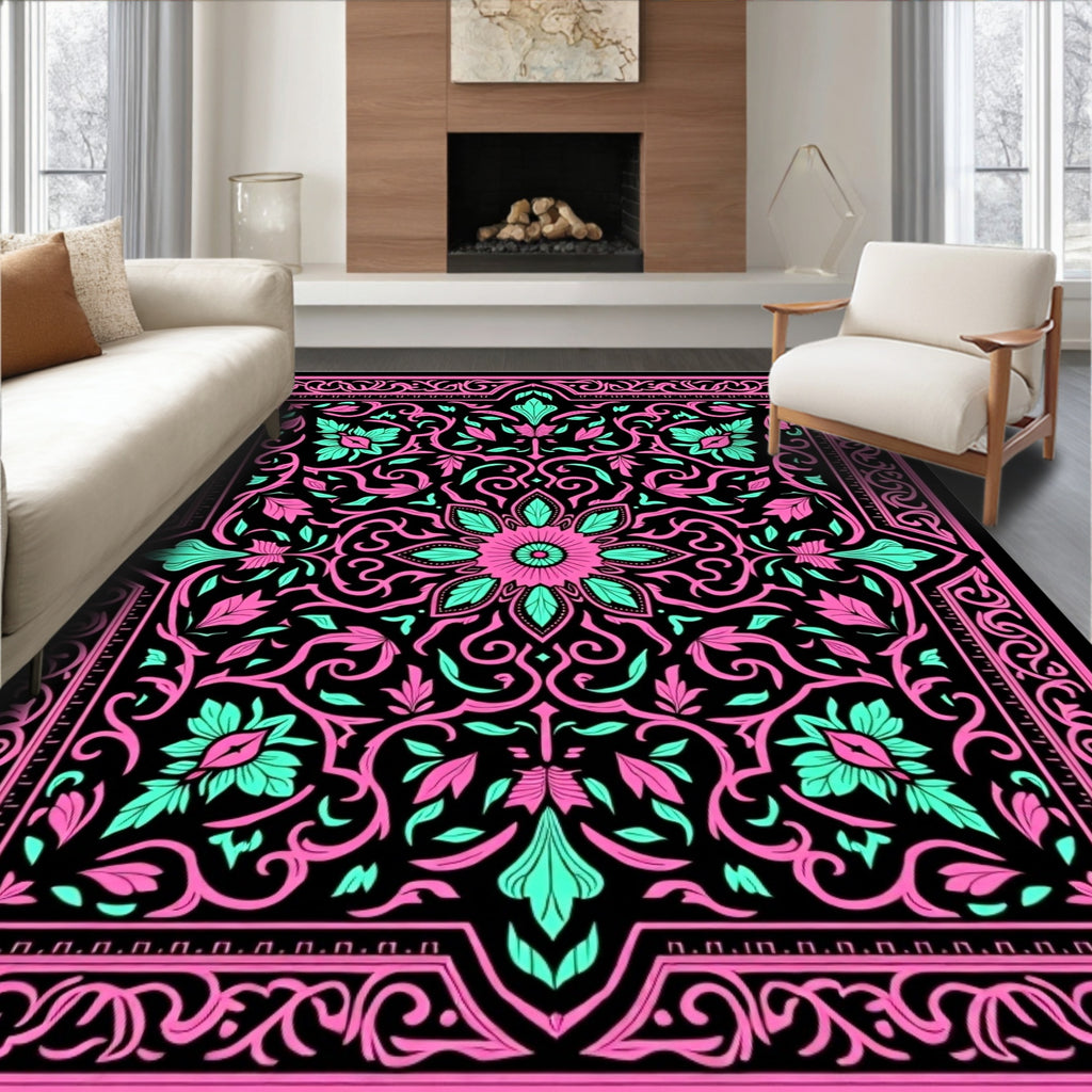 Bold Pink Teal Floral Scroll Rug