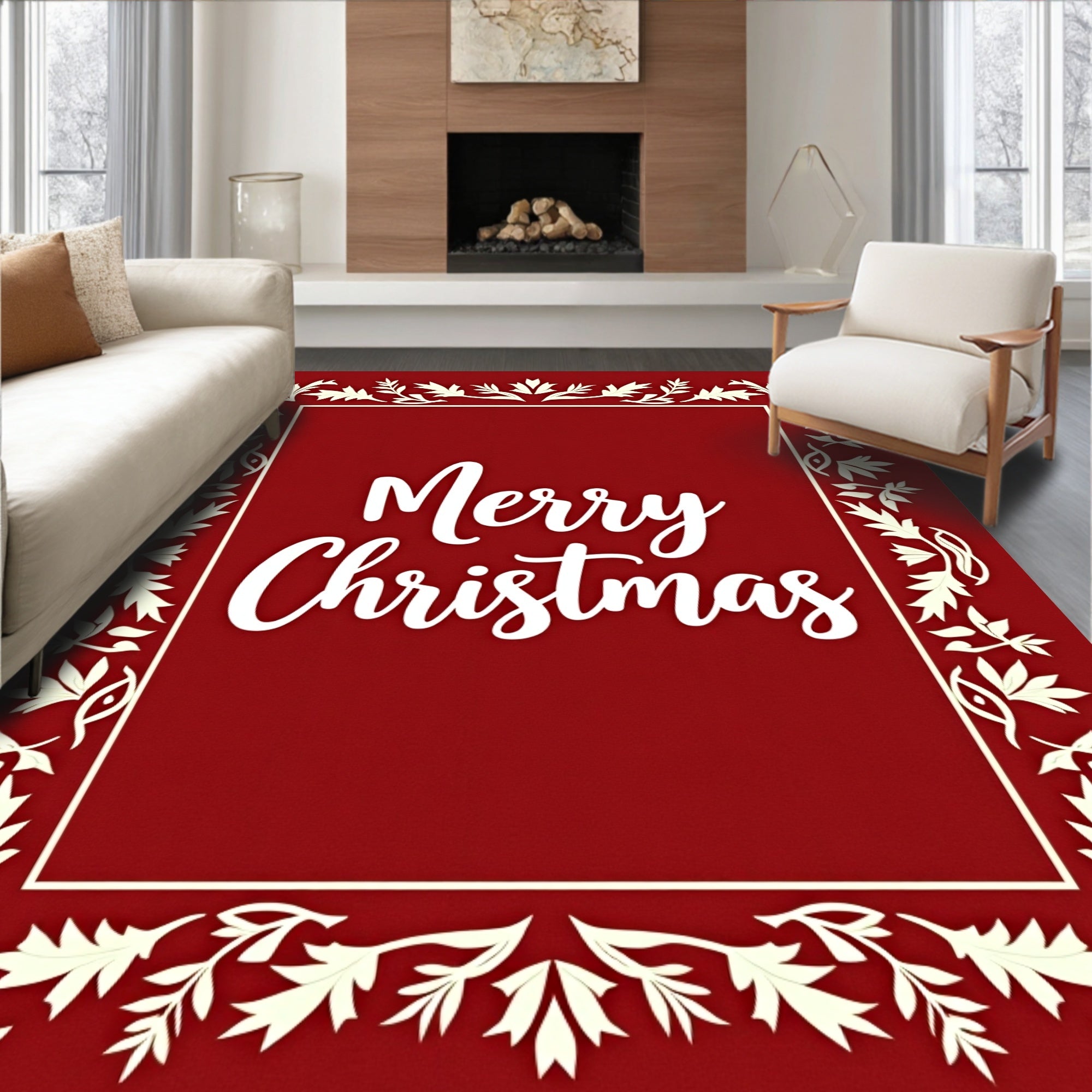 Crimson Floral Border Christmas Rug