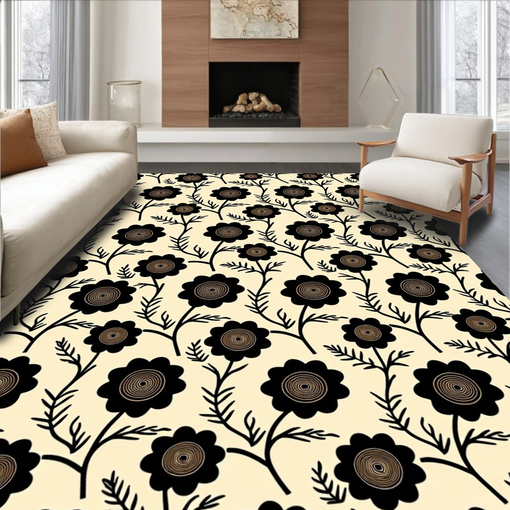Black Floral Silhouette Cream Ground Rug