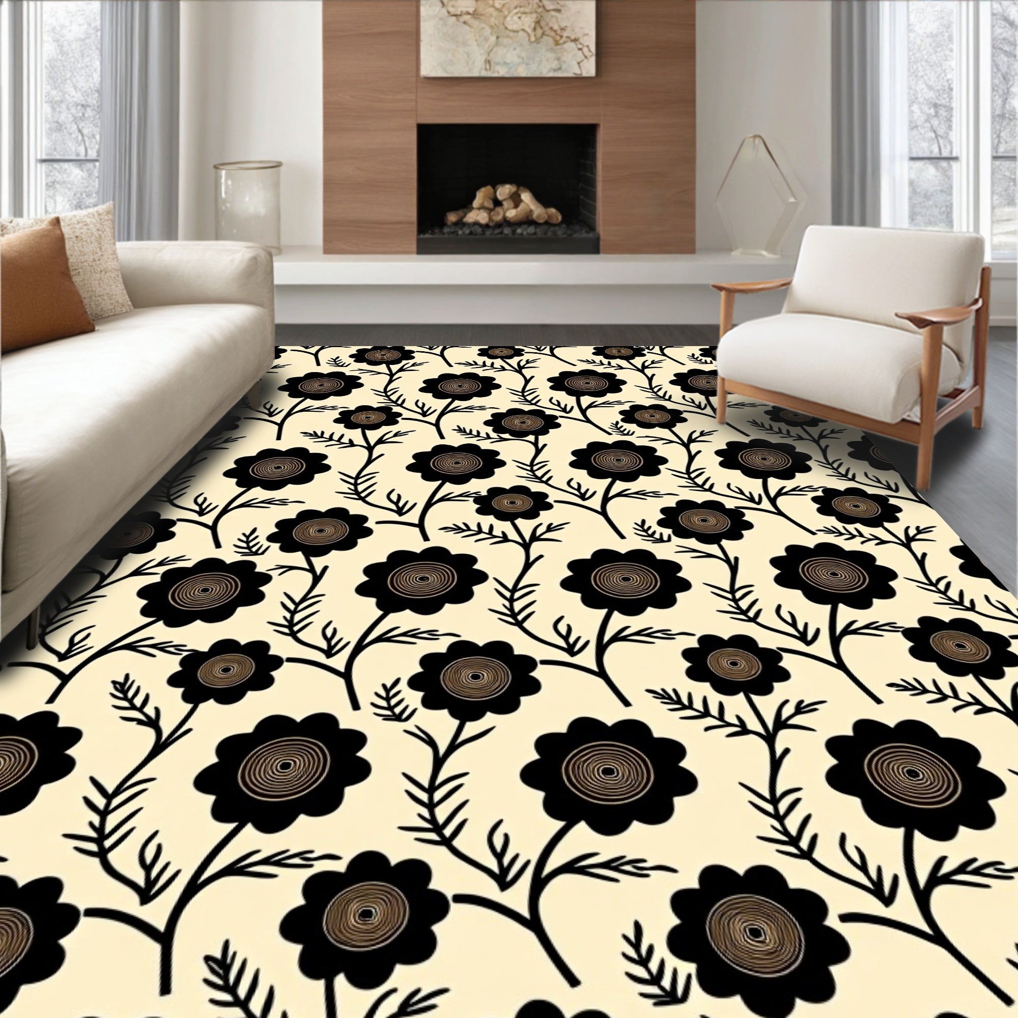 Black Floral Silhouette Cream Ground Rug