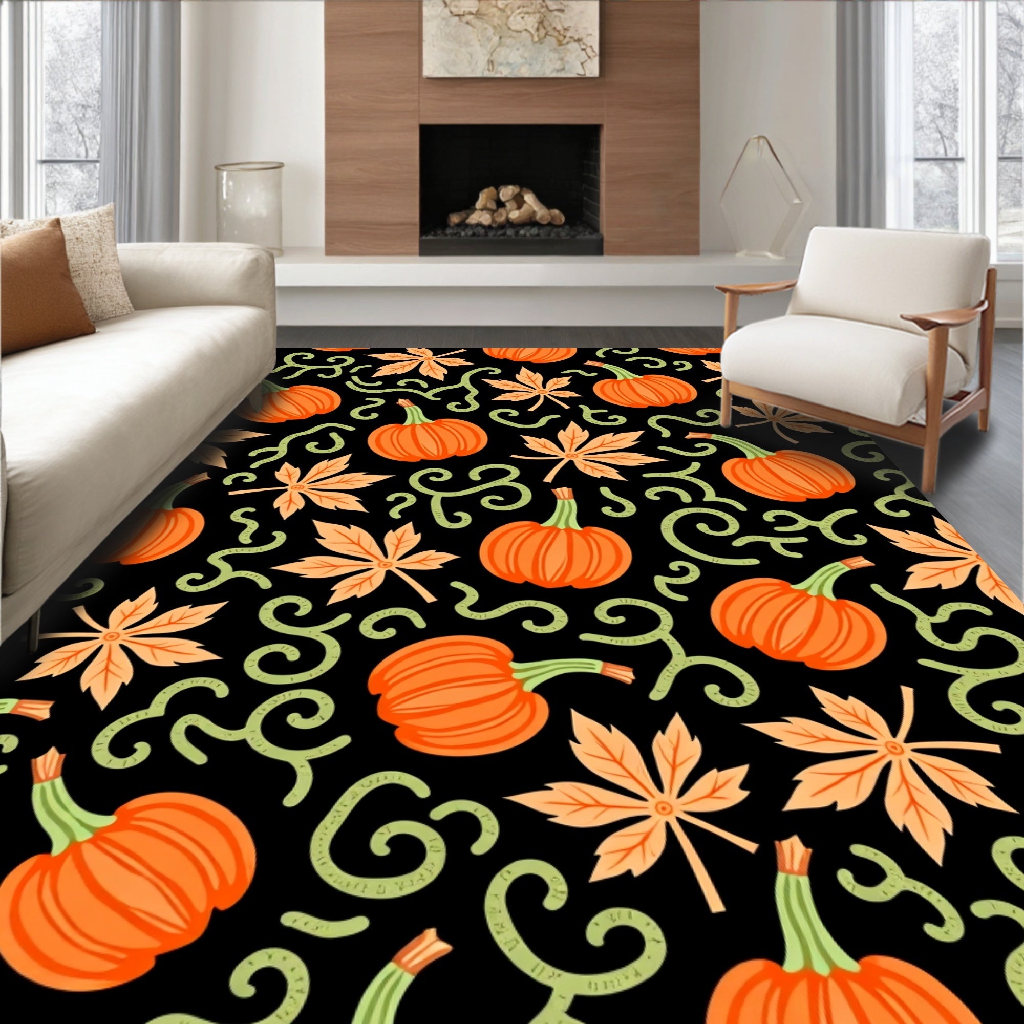 Orange Pumpkin Autumn Leaf Swirls Rug
