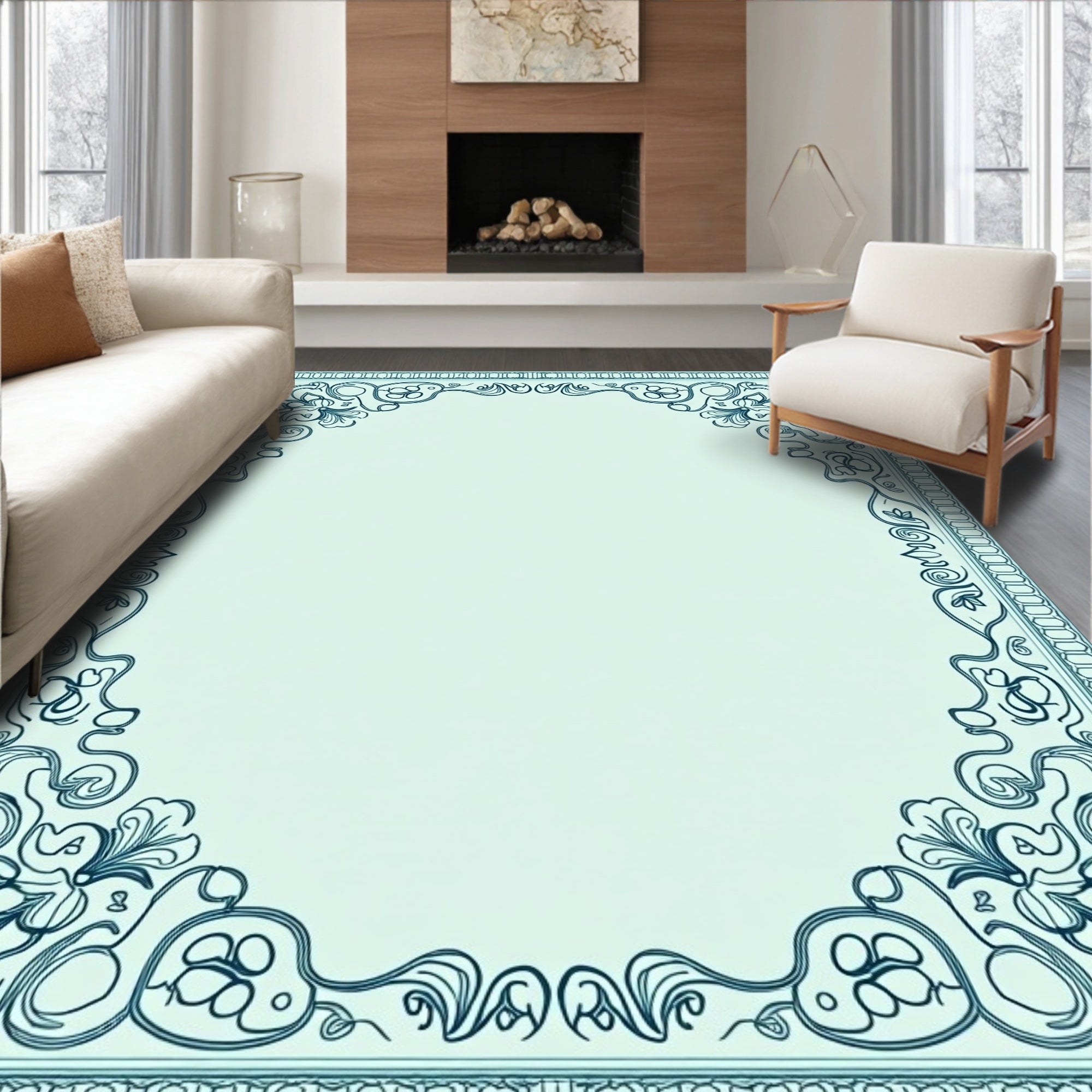 Art Nouveau Teal Floral Border Rug