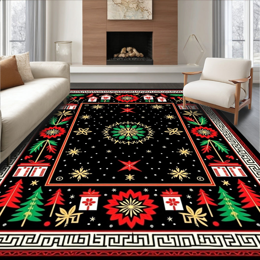Black Red Green Festive Folk Art Rug