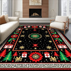 Black Red Green Festive Folk Art Rug