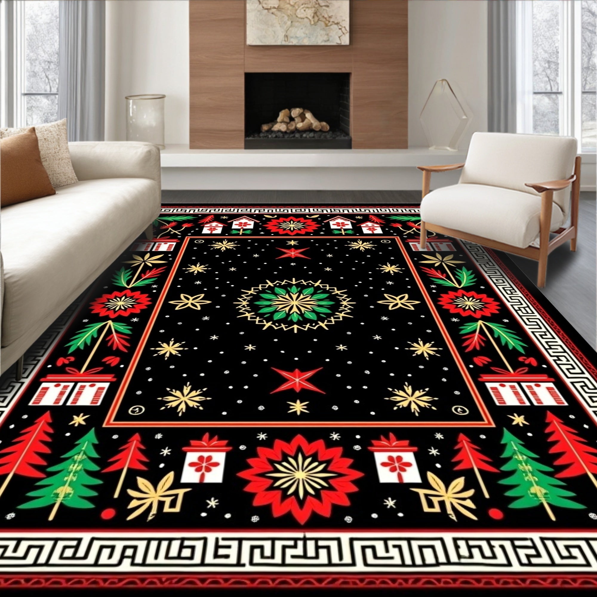 Black Red Green Festive Folk Art Rug