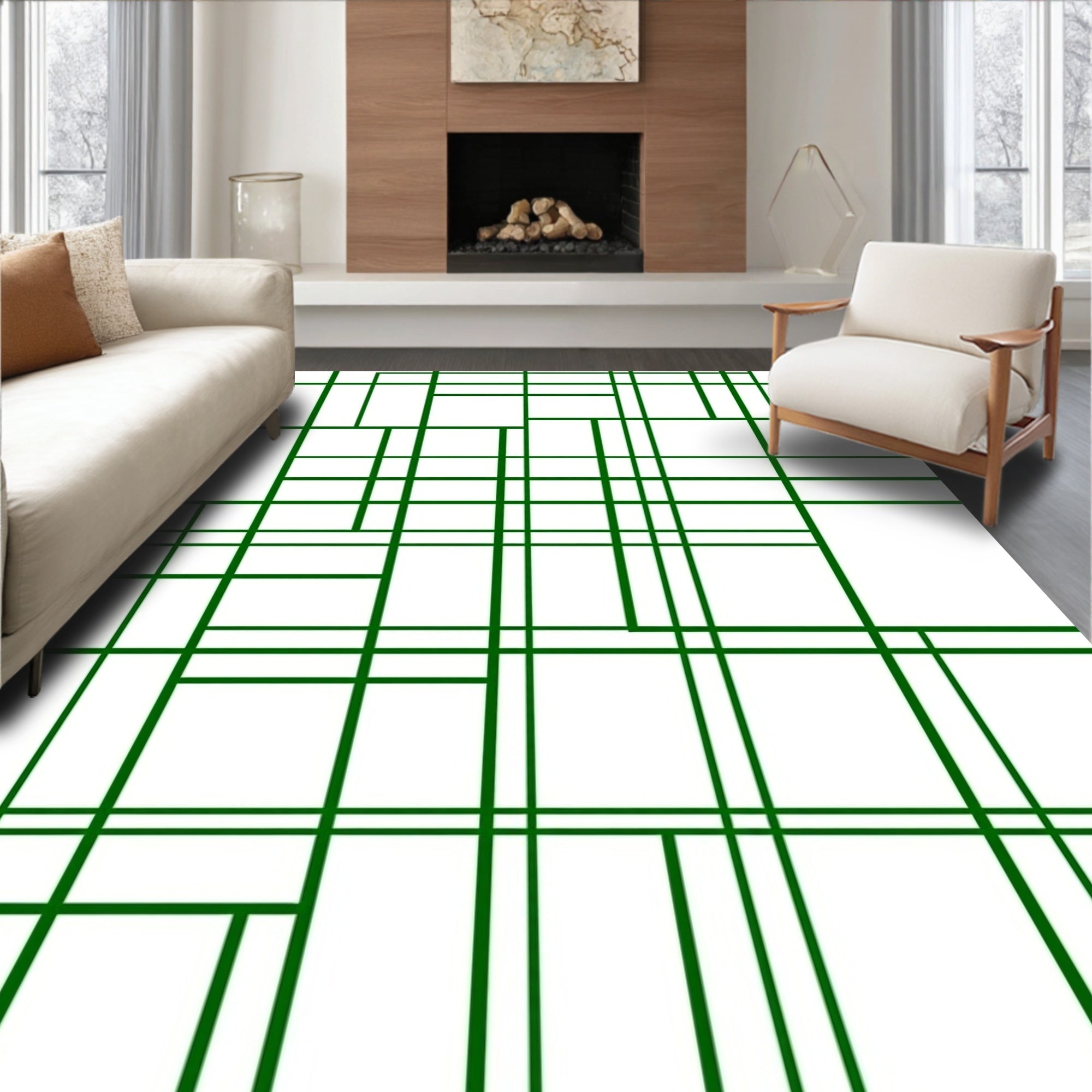 Monochromatic Green Grid Composition Rug