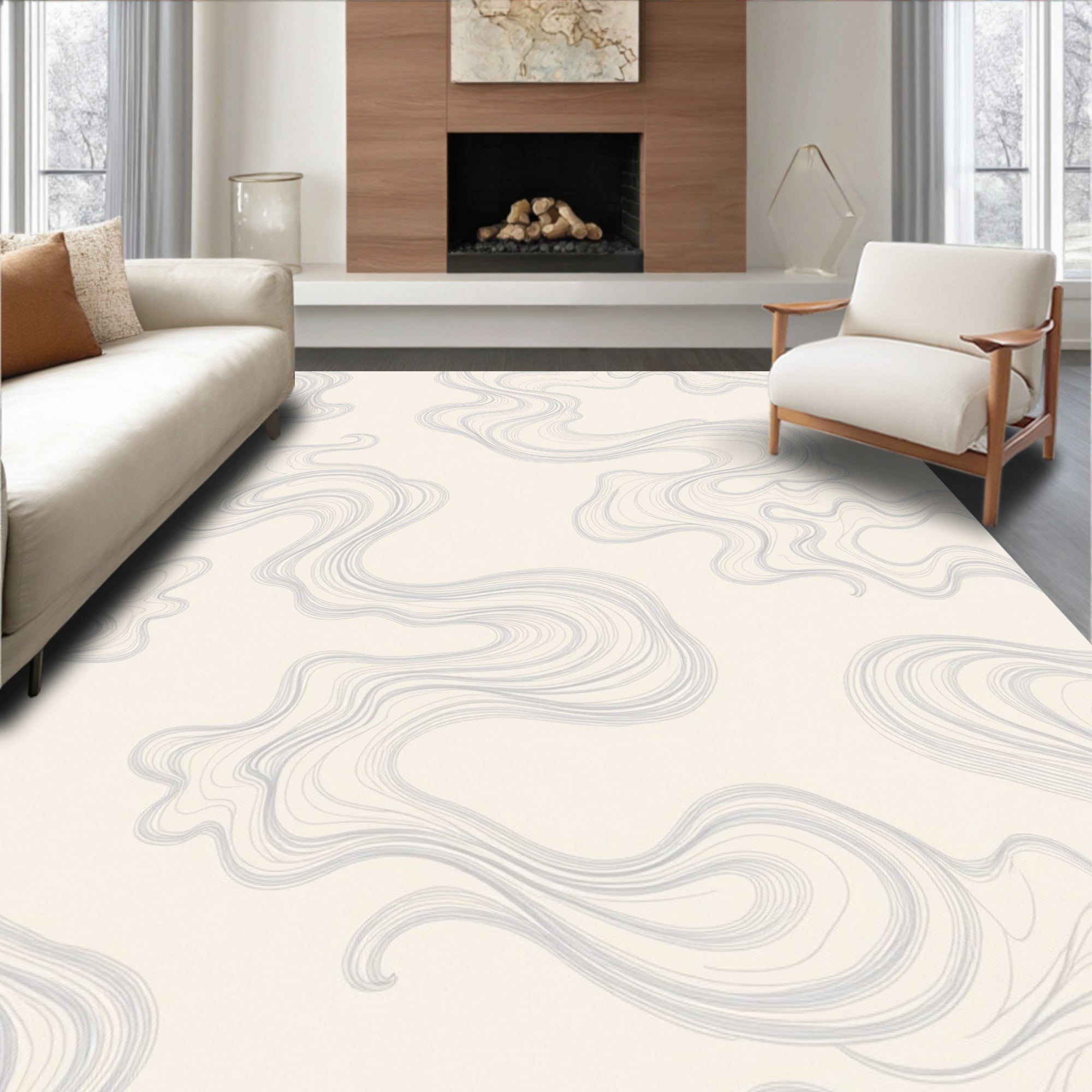 Cream And Grey Flowing Swirls Rug