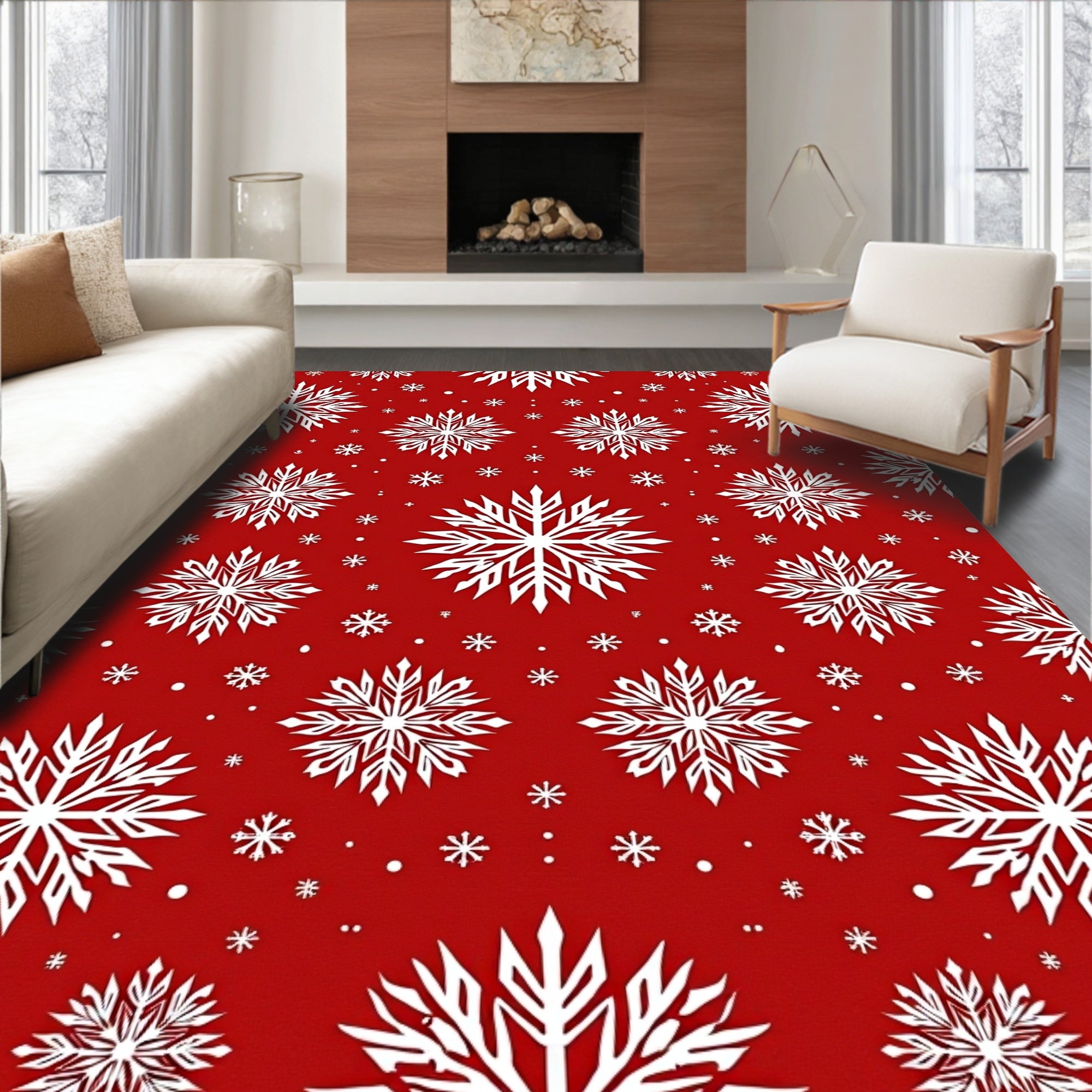 Classic White Snowflake Snowfall Rug