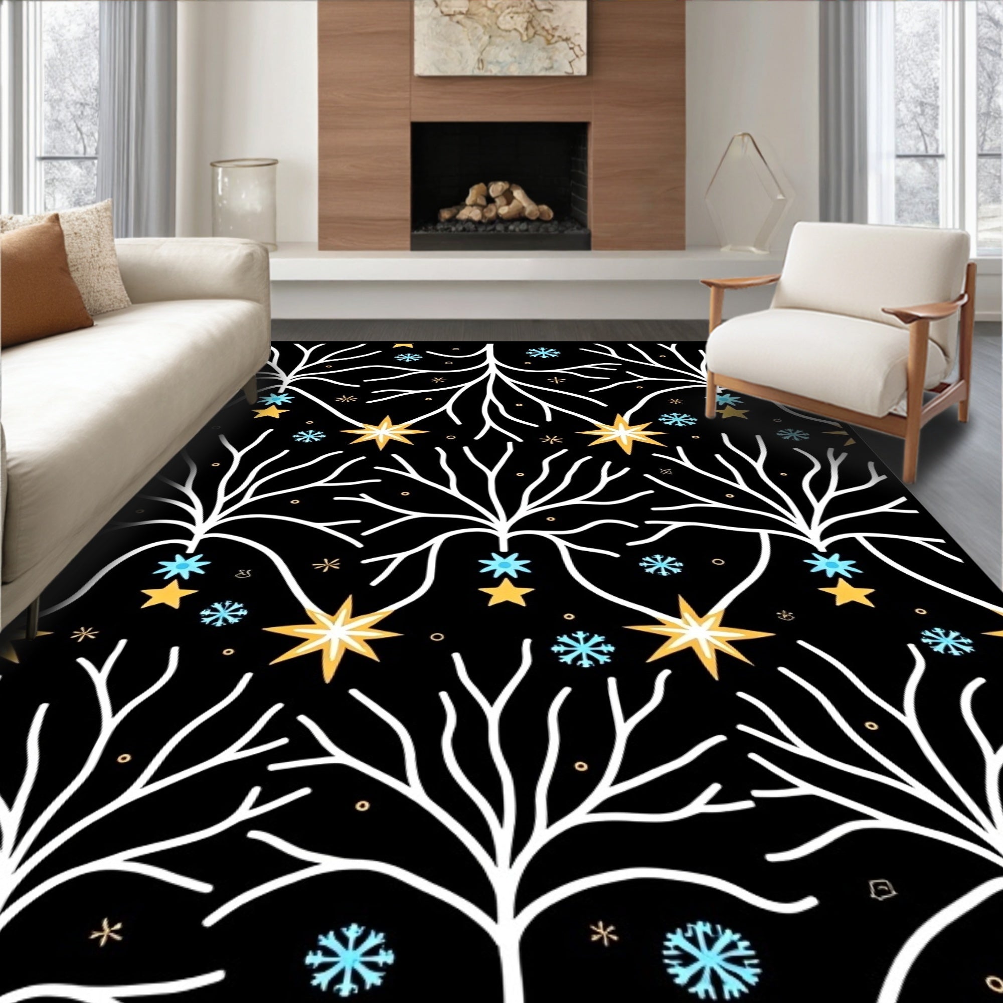 Whimsical Snowy Branches Starry Night Rug