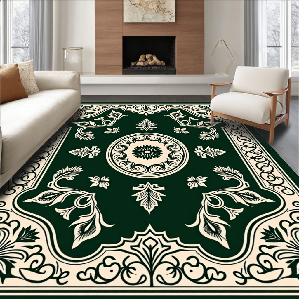 Elegant Dark Emerald Floral Medallion Rug