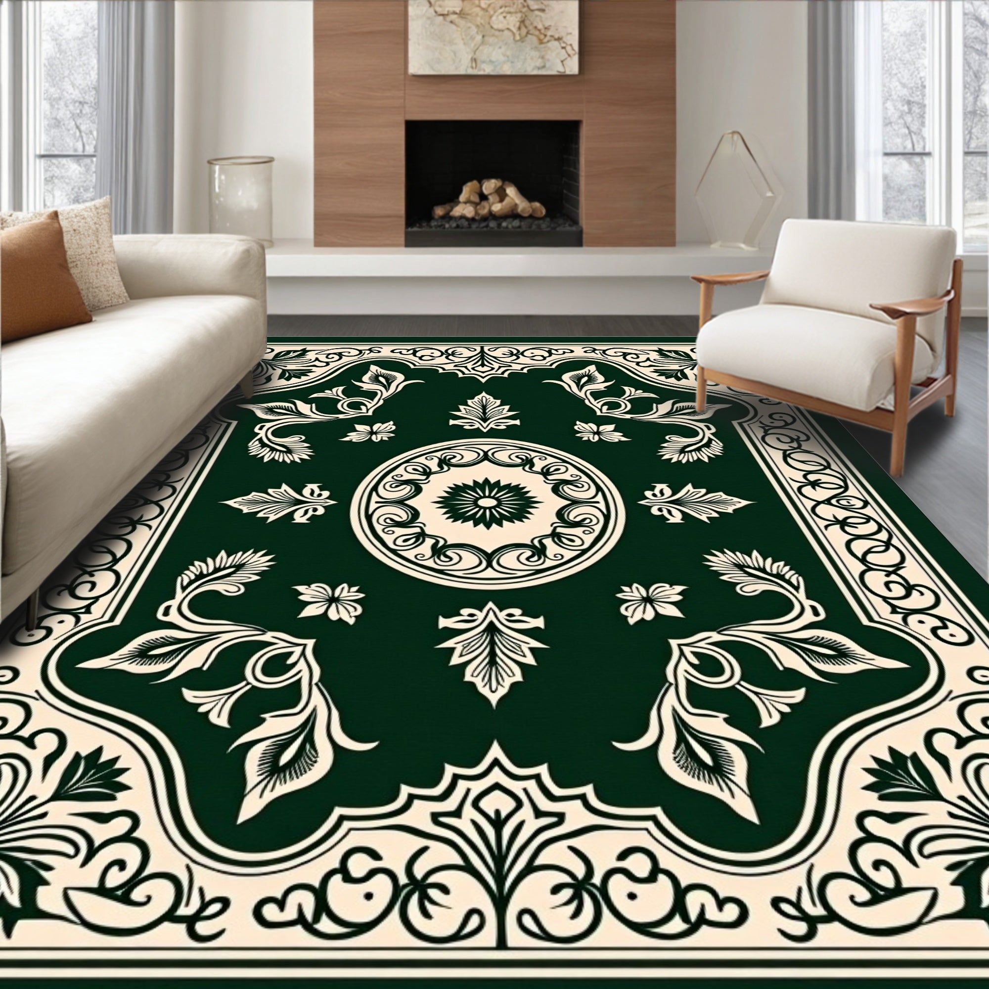 Elegant Dark Emerald Floral Medallion Rug