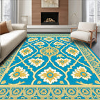 Turquoise Floral Medallion Ivory Gold Border Rug