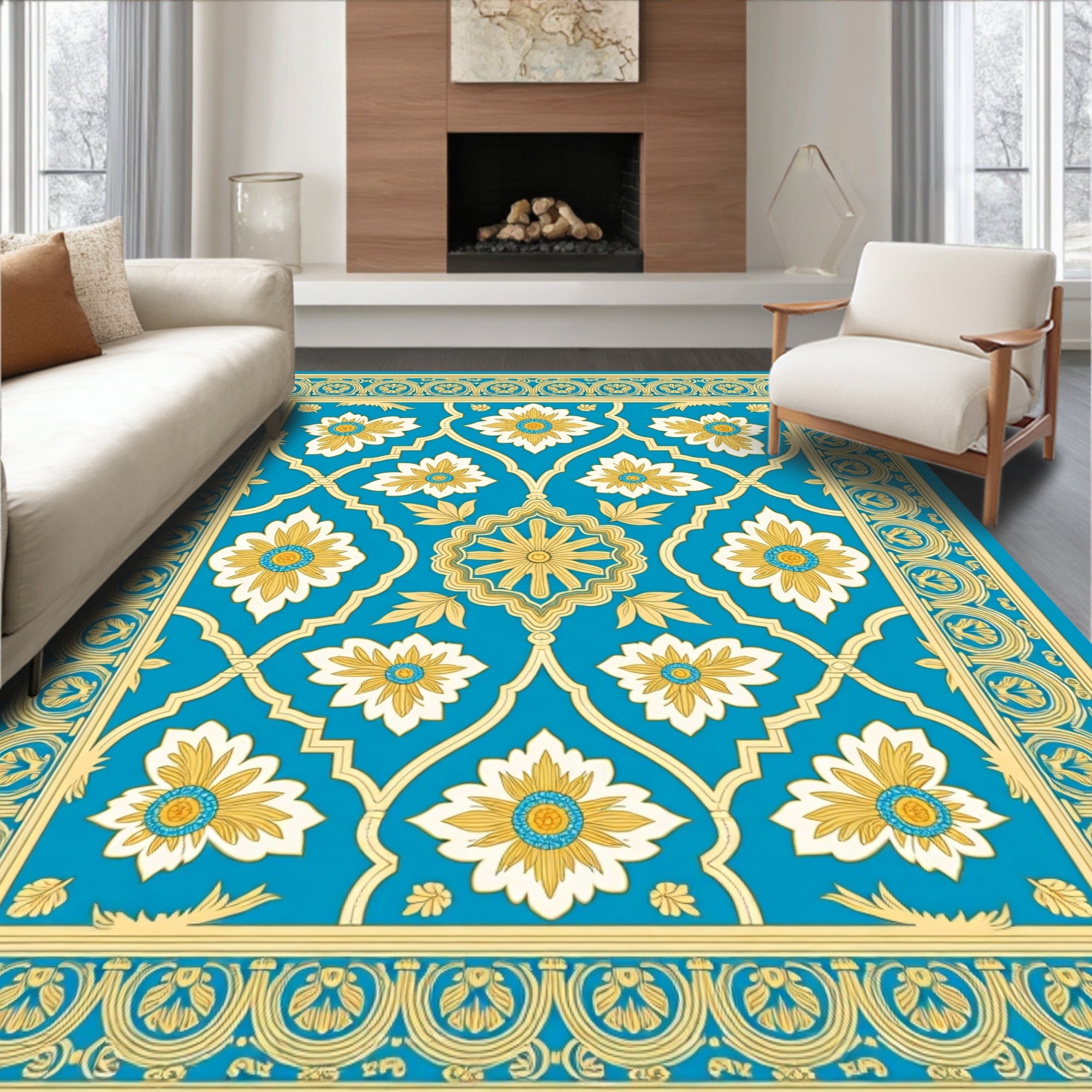 Turquoise Floral Medallion Ivory Gold Border Rug