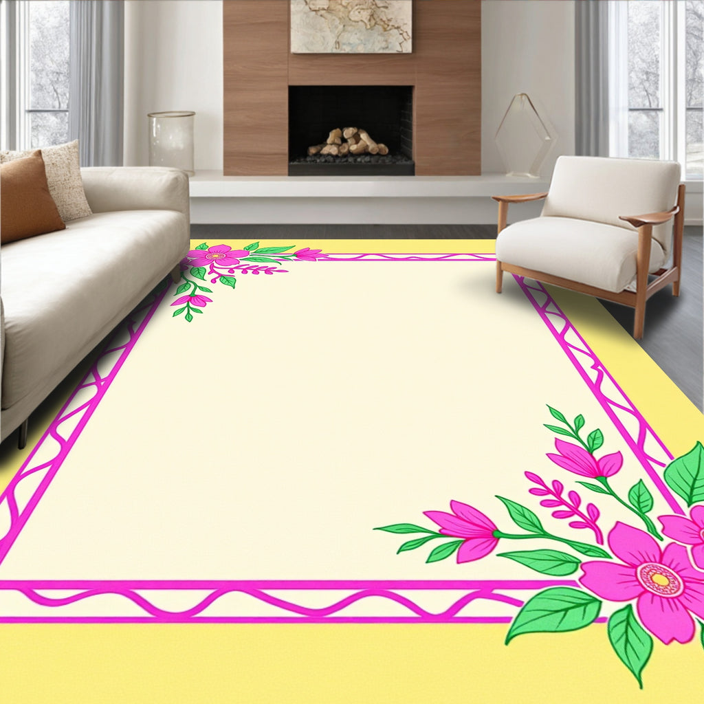 Vibrant Pink Floral Corners Yellow Border Rug