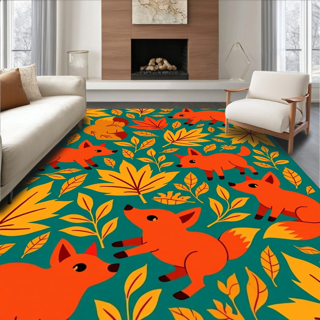 Playful Orange Fox Autumn Leaves Teal Rug