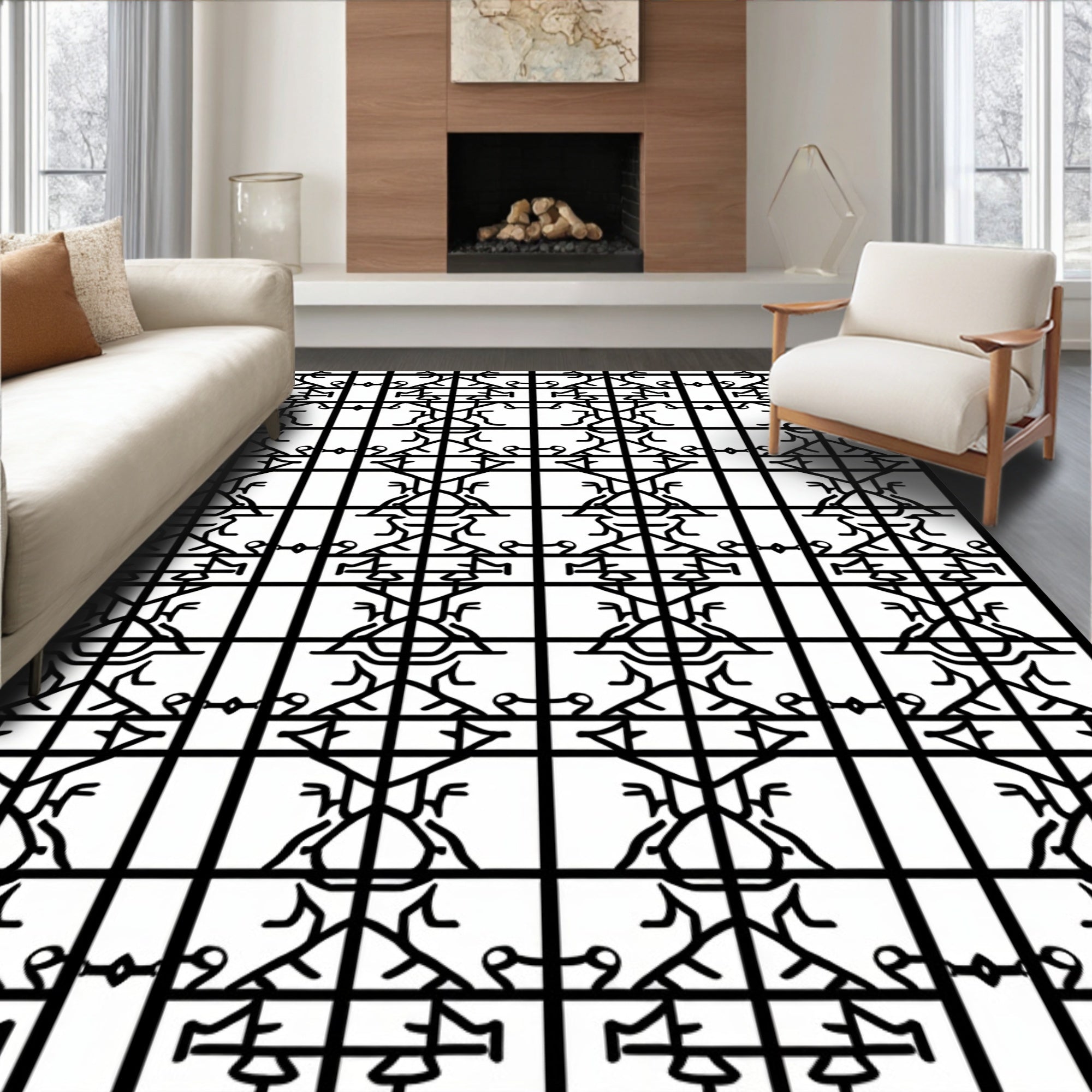 Bold Black Geometric Lattice Rug