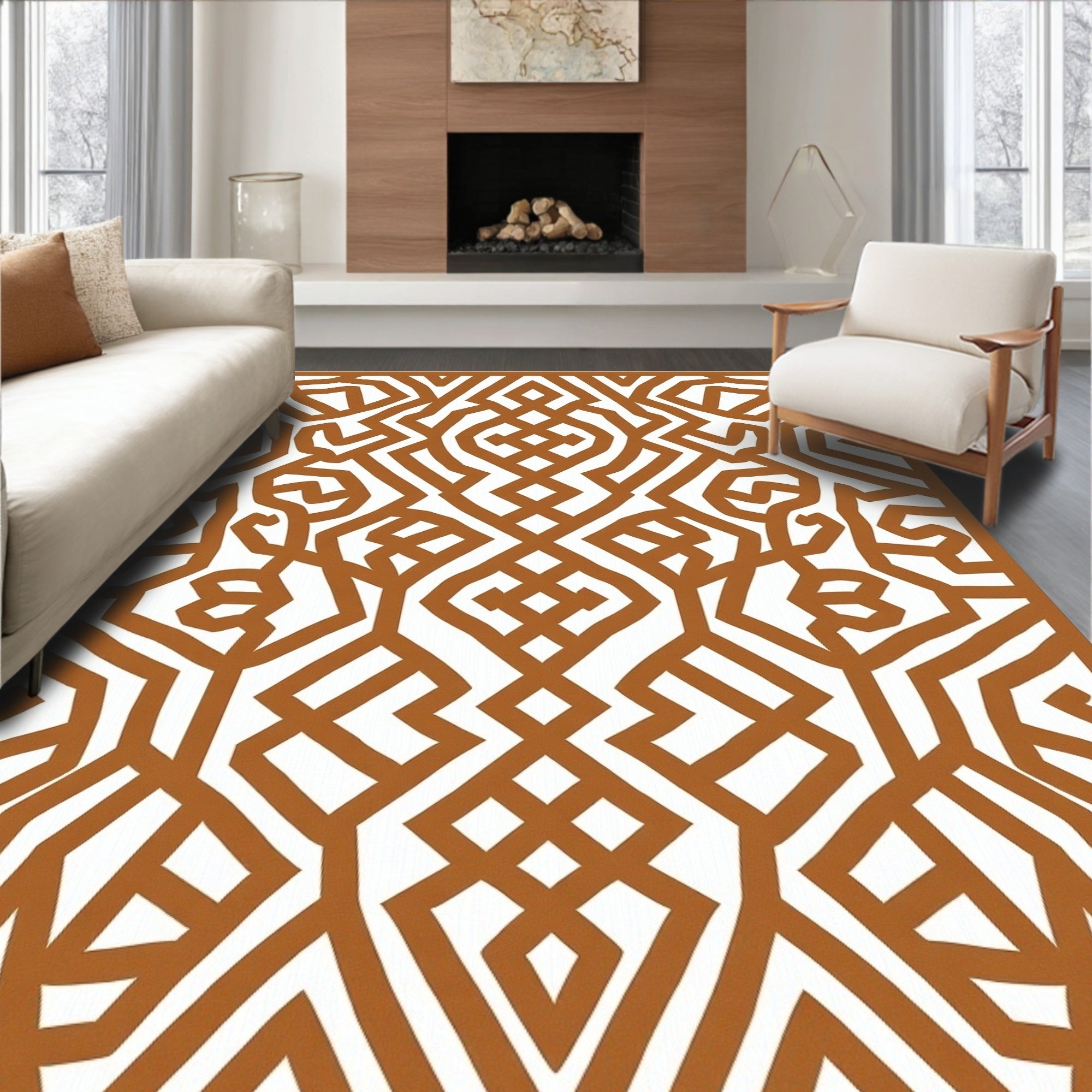 Terracotta Geometric Maze Abstract Rug